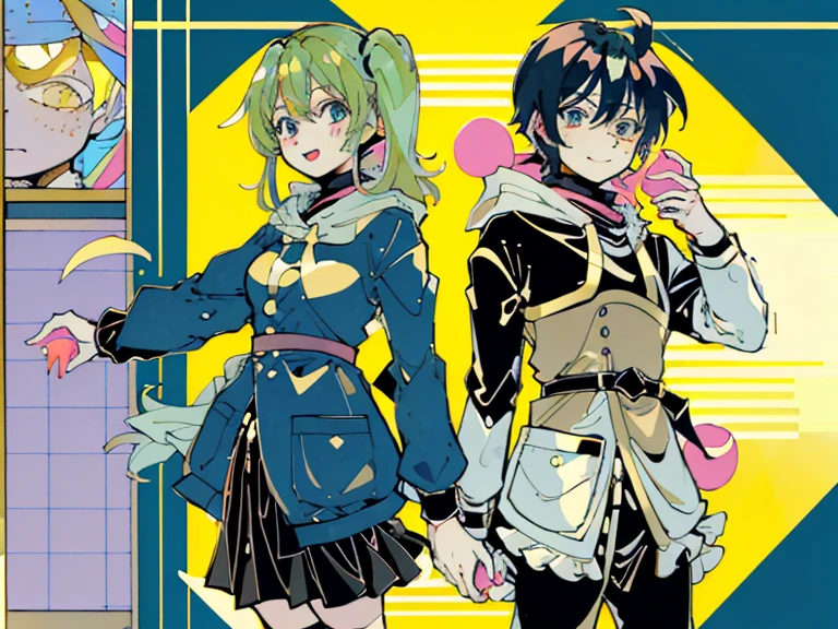 supreme， green down jacket，lime color hair，pink eyes，Standing on your feet，submachine gun，Detailed Genshin graphics，anime character design，anime concept art，pretty anime character design，anime character reference sheet，[Character design]，1girl in, ((Character information)、(Chara Leaf)、pastel dimmed colors, (Yellow color palette.:1.2, Blue:1.2, Pink:1.2), (Blue hair bun and blonde), Short fashionable skirt, Sitting on a throne of sweets and pastries, For example, doughnut, splash, candy, Lollipop, lollipop cane, a cake, cupcake, Cake Pop, Ruffles and lace, polka dot,(Lush pastel dresses), ite girl,Type sheet, Character Sheets, Three types，Shot Full Body，Game Character Design, green color, Green hoodie，