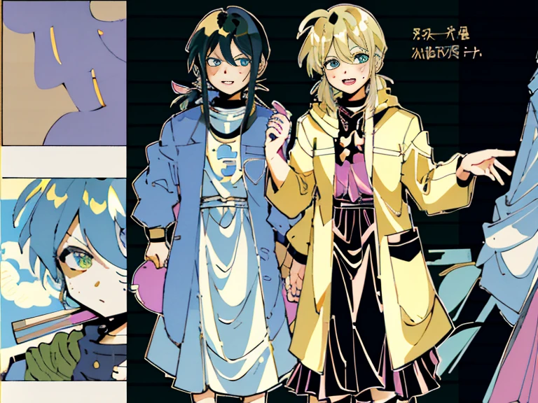 supreme， green down jacket，lime color hair，pink eyes，Standing on your feet，submachine gun，Detailed Genshin graphics，anime character design，anime concept art，pretty anime character design，anime character reference sheet，[Character design]，1girl in, ((Character information)、(Chara Leaf)、pastel dimmed colors, (Yellow color palette.:1.2, Blue:1.2, Pink:1.2), (Blue hair bun and blonde), Short fashionable skirt, Sitting on a throne of sweets and pastries, For example, doughnut, splash, candy, Lollipop, lollipop cane, a cake, cupcake, Cake Pop, Ruffles and lace, polka dot,(Lush pastel dresses), petite girl,Type sheet, Character Sheets, Three types，Shot Full Body，Game Character Design, green color, Green hoodie，