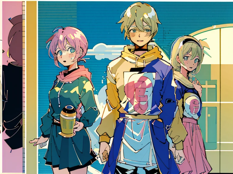 supreme， green down jacket，lime color hair，pink eyes，Standing on your feet，submachine gun，Detailed Genshin graphics，anime character design，anime concept art，pretty anime character design，anime character reference sheet，[Character design]，1girl in, ((Character information)、(Chara Leaf)、pastel dimmed colors, (Yellow color palette.:1.2, Blue:1.2, Pink:1.2), (Blue hair bun and blonde), Short fashionable skirt, Sitting on a throne of sweets and pastries, For example, doughnut, splash, candy, Lollipop, lollipop cane, a cake, cupcake, Cake Pop, Ruffles and lace, polka dot,(Lush pastel dresses), petite girl,Type sheet, Character Sheets, Three types，Shot Full Body，Game Character Design, green color, Green hoodie，