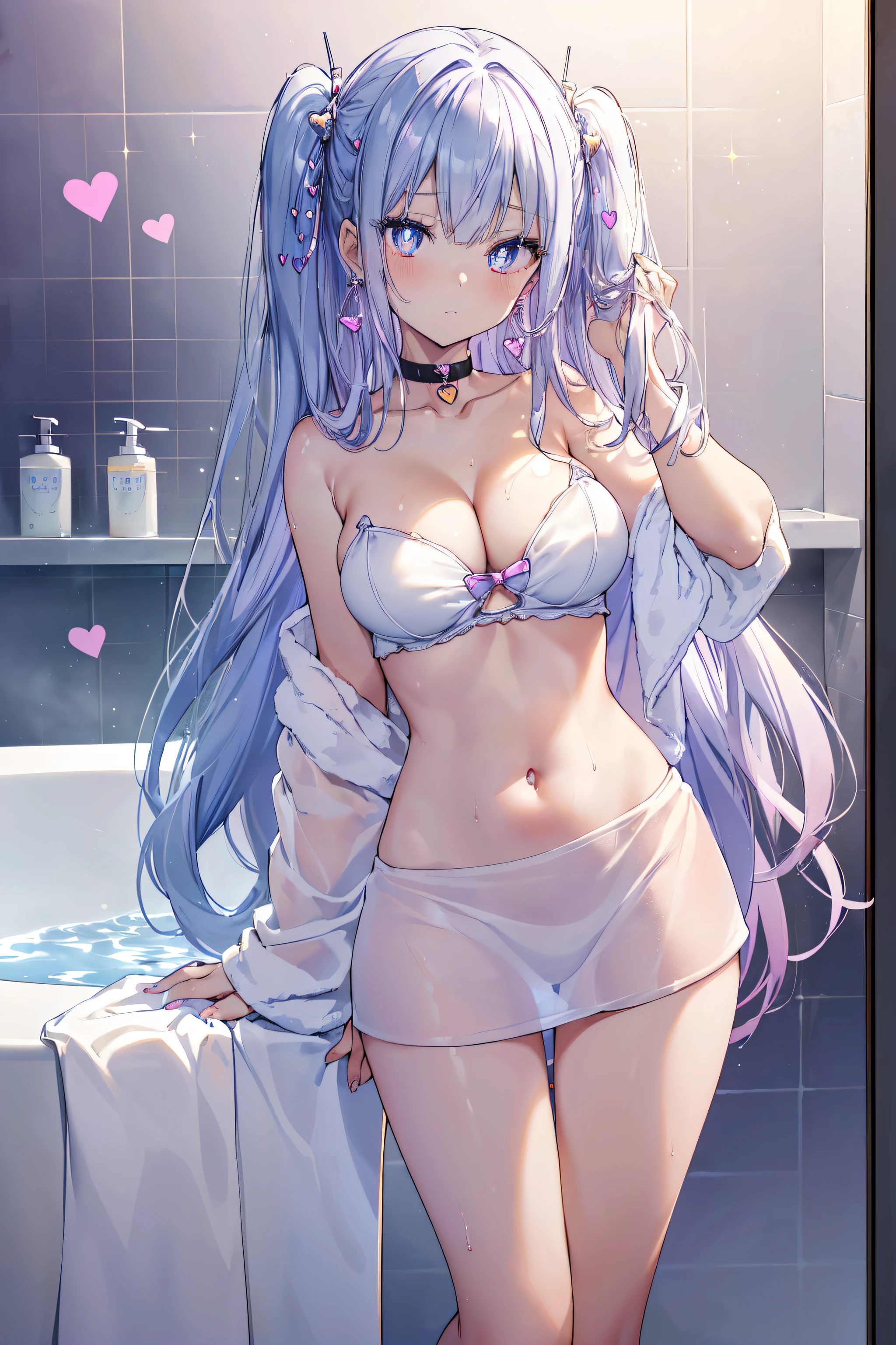 {Anime, sur l’art, profondeur de champ, Flou de mouvement, Lumière rougeoyante, Chef-dœudansre, anatomiquement correct, peau texturée, high détails, Primé, meilleur qualité, Haute résolution, 16k))}, {((cheveux longs élégants, Couleur, Yeux détaillés, Pupilles étincelantes, pupilles cardiaques, l'âge des étudiants est celui des filles, E-brest, clivage))}, {((corps sexy, serviette cachant son corps, épingle à cheveux chat, Boucles d’oreilles en saphir, je peux voir le nombril))}, {((À la maison, dans sa salle de bain, après avoir pris un bain, poils mouillés)}, {((Angle néerlandais, (Parfait_doigts:1.0), (Parfait_jambes:1.0), mieux_mains, plus_détail))}
