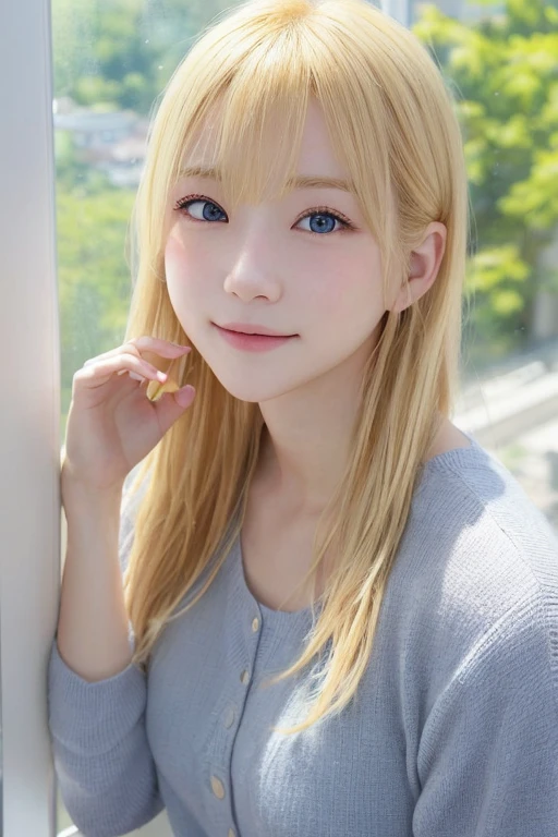 女の子1人、a blond、a picture、逼真、top-quality、adopt、A detailed face、doress、Building from the window、细致背景、Diffused sunlight、depth of fields、Bokeh