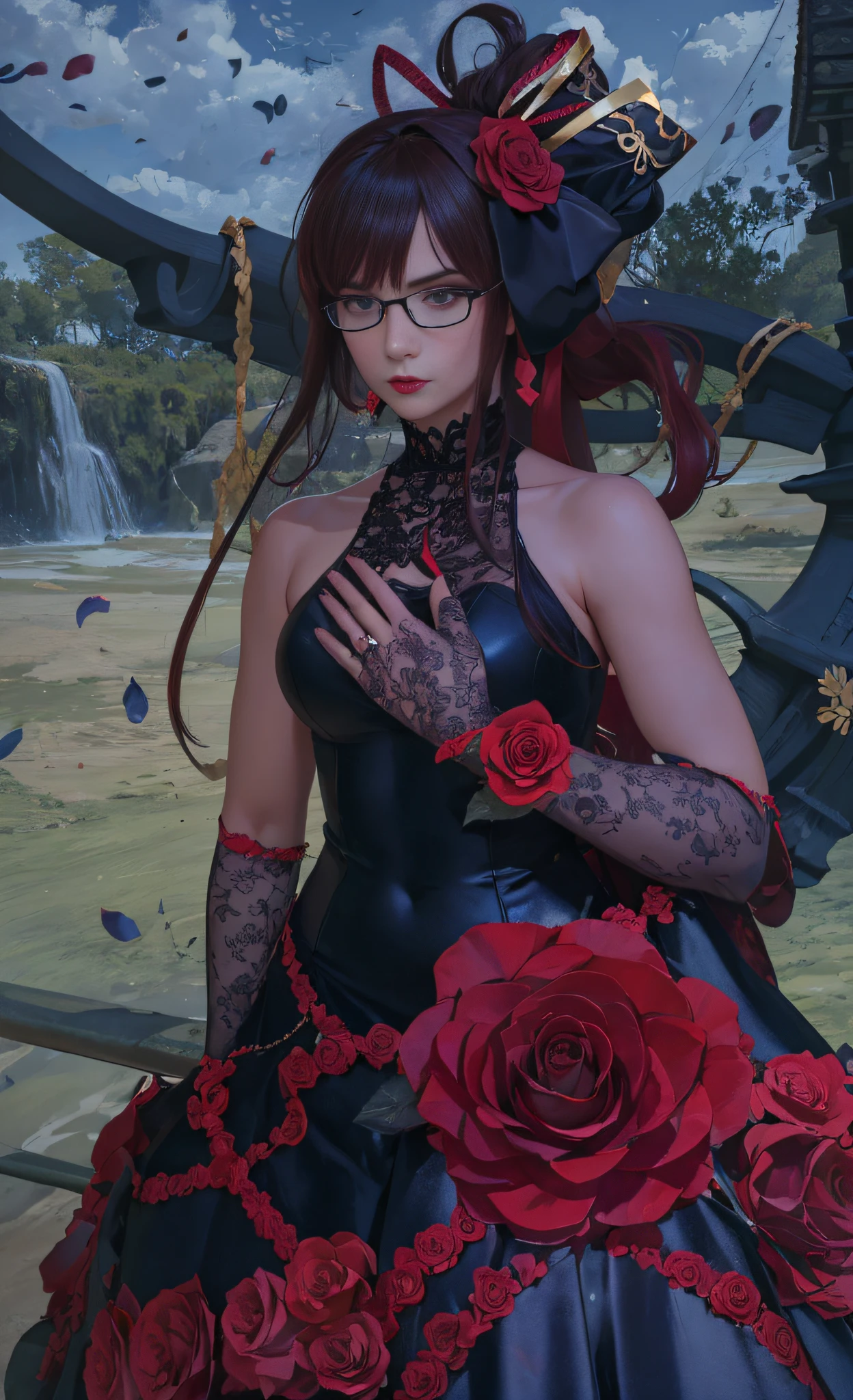 A beautiful mature female posing, fully clothed,black wedding dress, red roses, Japanese hair ribbon, black high heels, bimbo body , long dark red hair fancy ponytail , black glasses, serious face, red lips, arm covering chest