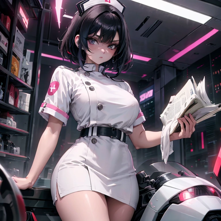 A dark-haired、short-haired、natta、nightcity、neons、cyberpunked、Nurse、White nurse uniform