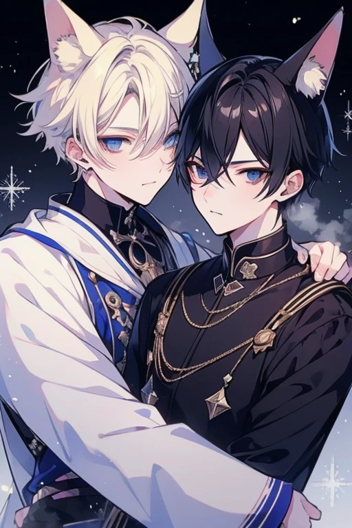 Unparalleled beauty,face perfect、(2man,Gay Male Relationships),Perfect Eye、Blue Eye、 By Shinkai Makoto、Animal ears、Animal tail、a blonde and a black hair、Traditional costumes、steam、steam、White breath、Full of confidence、arrogant、、Invincible smile、、Winter Outfit、snowscape、 (2man),Gay Male Relationships, 、,