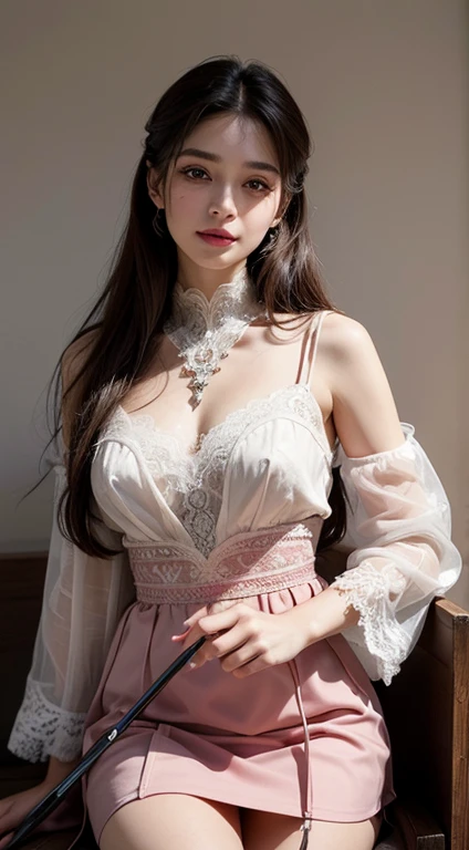 (beste-Qualit, 10, 10, high-res, master-piece: 1.2), ultra-detail, (lifelike, Realistic as a photo, photorealistic portrait: 1.37), beauty, portait image, drawing, traditional art, colour, gentle lighting, Sensitive features, The atmosphere is like being in a dream... ,graceful posture,natural beauty,Is your hair long??,rosy cheeks,Vibrant Eyes,sweet smile,vibrant colours,Delicate shadows,Professional craftsmanship,elegant elements,Not properly dressed,Women'charm of, detailed jewelry Flawless skin texture, White lace dress, Plump breasts,Beautiful breast, slim, flat abdomen, small waist, Beautiful thigh-high coat,red), (Short skirt, long in the back, and has a long compartment on the side), The long-legged body can be seen.), (holding a beautiful magic wand,Exquisite pattern), Behind the Ruins