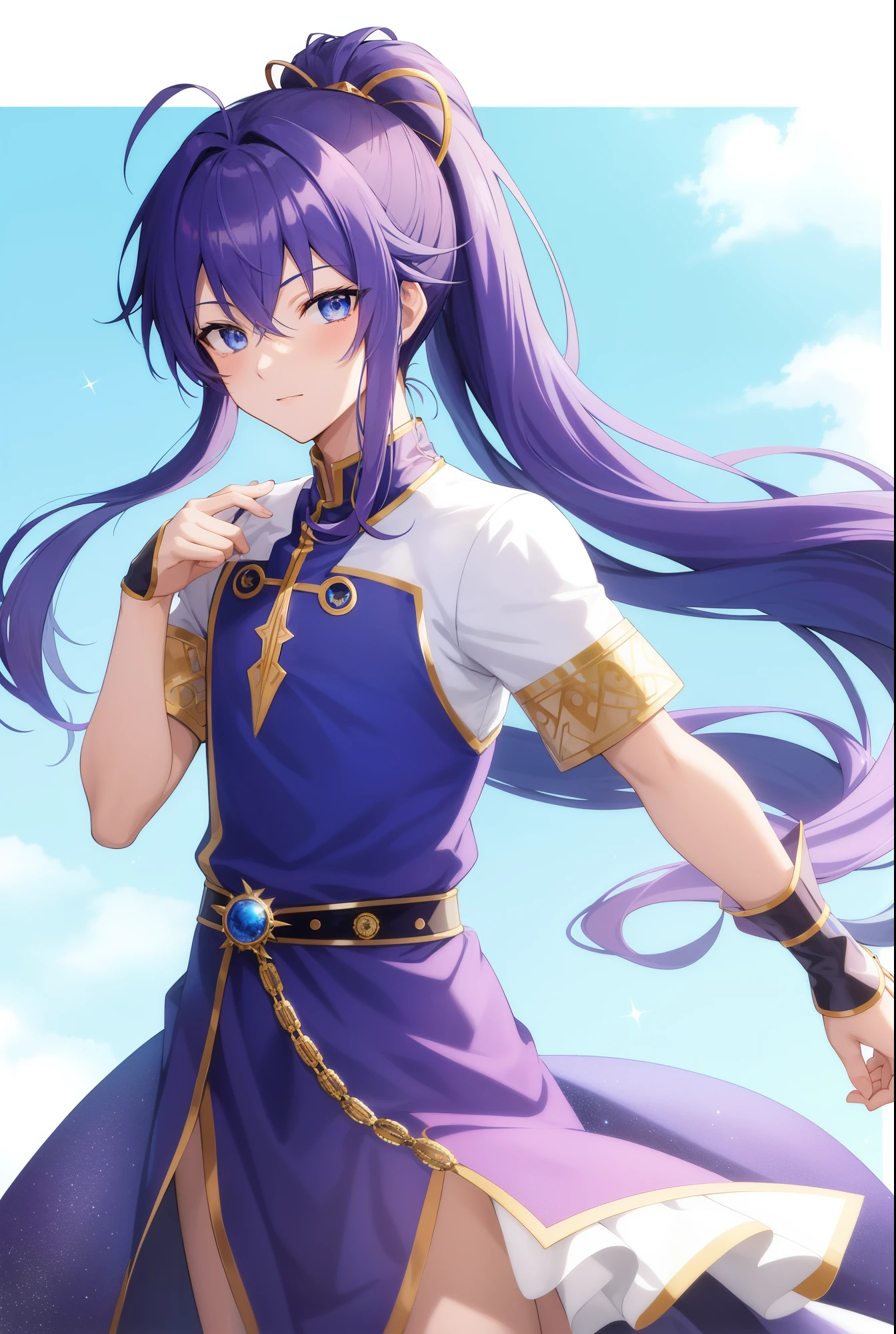 Anime Boy, Prince in anime, Blue-eyed boy, Wallpaper!, Boy with long purple hair, Boy with long blue hair, beautiful celestial mage, High ponytail, Inspired, splash art anime boy, Hymns to the King as a Prince, hq artwork, Boy in blue dress, mlp fanart, high quality fan art