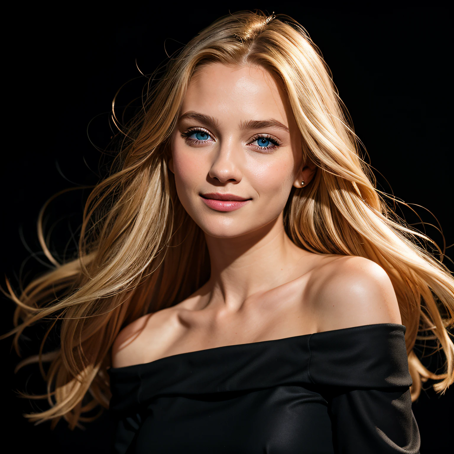 Foto: R3AL, DetailMaster2, Meisterwerk, fotorealistisch, 8K, 8K UHD, best quality, ultra realistisch, Ultra-detailliert, Hyperdetaillierte Fotografie, Echtes Foto, Realistische Augen, fotorealistisch, Echtes Foto, 8K, Realistische Augen, detailliertes Gesicht, best quality, fotorealistisch, RAW-Foto, Detaillierter Skin, Pore, 1girls, niedlich, Deutsch, lange blonde Haare, blaue Augen, 18 Jahre, lowkey, easy smile, aus_Schulter, schwarz_Hintergrund
