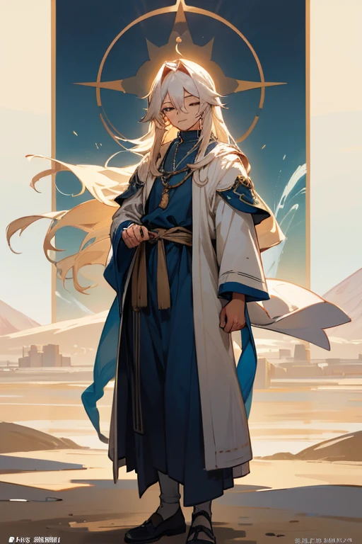 Please generate a full body image of a male character in anime style.。The name is「Ajani」で、Age is３０It's a teenager。Height is１７０ｃｍThat&#39;s about it。I&#39;m a priest in a desert port town.。The skin is well tanned、Her hairstyle is long, dull-colored hair.。Usually, I close my eyes and keep a friendly smile on my face.、His eyes are a deep blue color that reminds you of the water in an oasis.、I feel like I can see right into the depths of my heart.。Reminiscent of desert folk costumes、Wearing a well-ventilated priest&#39;s uniform。Basically a good priest、I am fully aware that in a desert port town, I cannot survive on integrity alone.、He has a really nice personality。