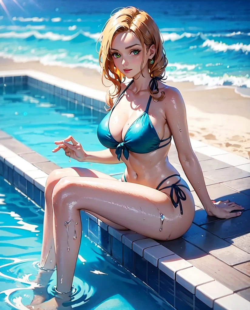 there is a woman in a bikini sitting in a pool, amouranth, nami from one piece, better known as amouranth, nami one piece, green bikini, swimsuit, green swimsuit, realistic bikini, is wearing a swimsuit, cute bikini, wet swimsuit, swimsuit model, thicc, wearing two - piece swimsuit, in a bikini