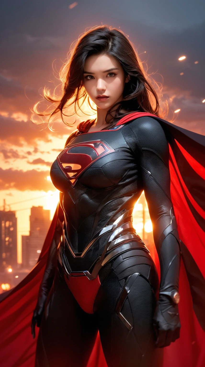 Action pictures of Supergirl ((Nude+pubic hair) Man of Steel, black and silver models....&#39;Supergirl&#39;.)), large boobs, toned physique, (An explosion behind a ruined city..), BladeRunner2049-8v cutting-edge style, high-detail, crisp focus, breathtaking, ((photorealistic portrait))