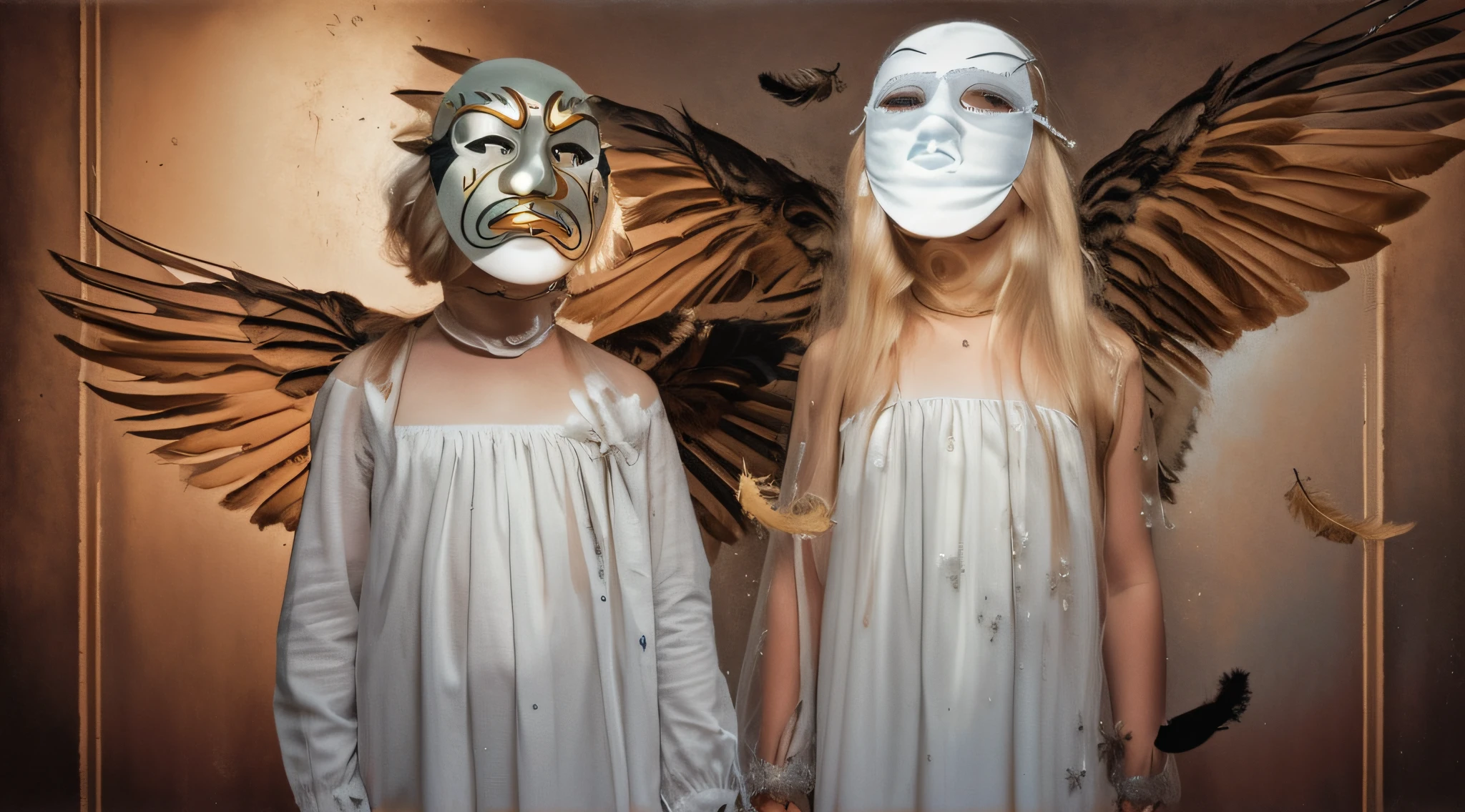two girls dressed in costumes with masks and feathers, fotografia de terror premiada, inspirado em Gottfried Helnwein, fotografia de terror, angelic and unsettling, Arte de terror surreal, Michael Hussar, Anton Semenov, 2 anjos, Adriano Borda, imagem assustadora espiritual, Directed by: Gottfried Helnwein, fotografia assustadora, Rick Padeiro, sebastian kruger, Surrealismo assustador