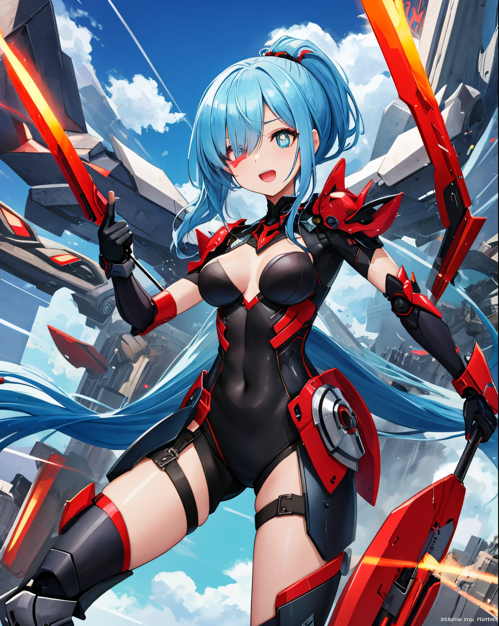 Japanese_anime_style,1figure_size_girl,(:1.3), (short_straight_ponytail:1.3), (light_blue_hair:1.3),black_mechanical_armor_parts,red_white_parts_black_body_suit,bare_shoulder,bare_thighs,medium_breasts,in_city_background,Stinging_eyes,(half_pupil:1.5),sleepy,thighhigh_greaves,gauntlets,dynamic_posing,bare_frank,metal_red_parts_black_armor,red_eye,
fists,1crystal_sword,hold_sword_hilt,glare,navel,large_mechanical_parts,happy,waist_armor,open_mouth,rise_legs,apart_legs, (very_long_bangs:1.3), (hair_over_one_eye:1.5),(long_bang_covers_right_half_of_face:1.5),
covered_pussy,