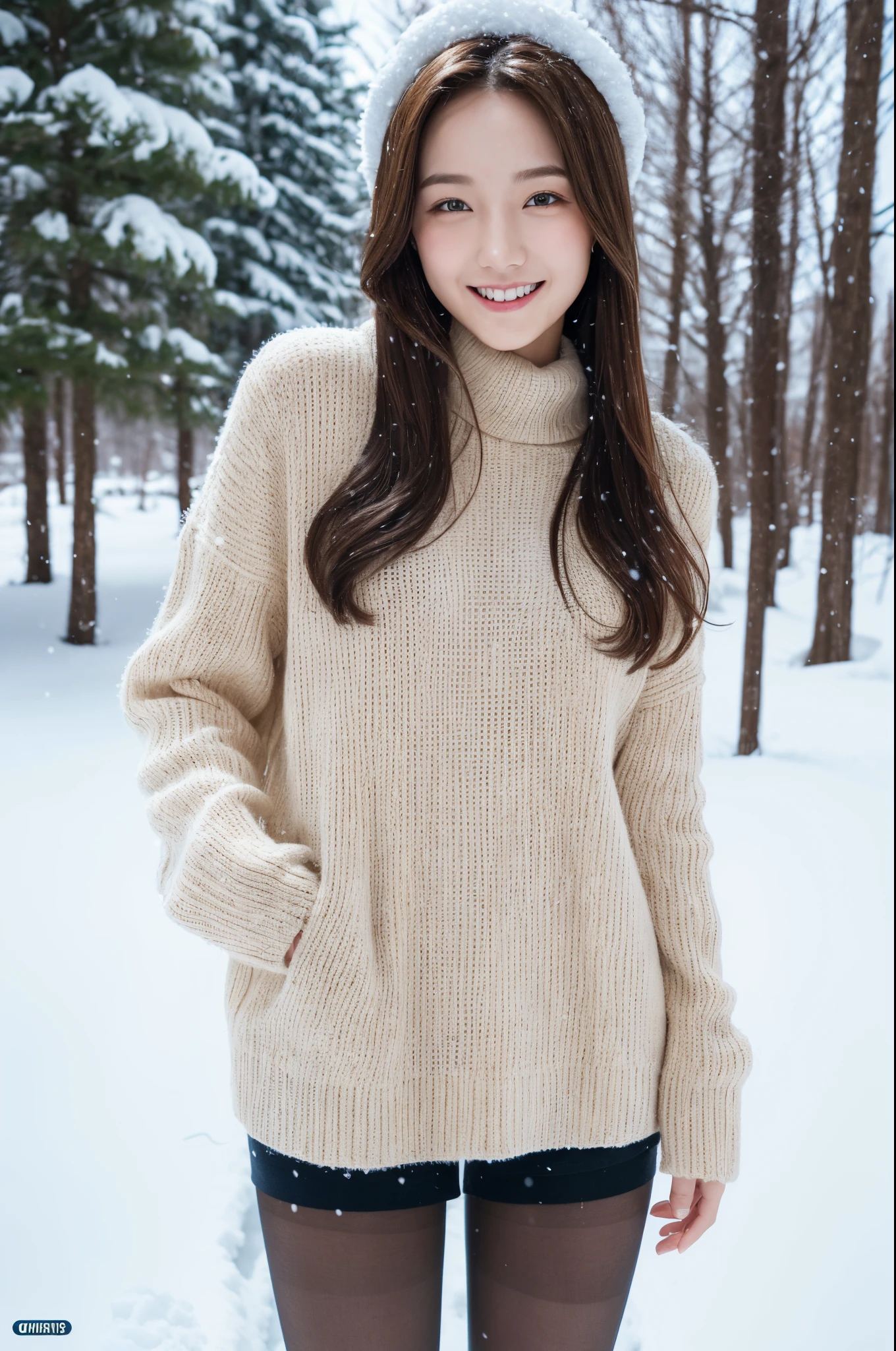 ulzzang -6500-v1.1, (Raw photo:1.2), (Photorealsitic), a beautiful detailed girl, (Real: 1.4), extremely detailed eye and face, beatiful detailed eyes, ((Midwinter Fashion ))、((Wear ultra-realistic pantyhose)), selfee、Instagram、game_nffsw, huge filesize, hight resolution, ighly detailed, top-quality, [​masterpiece:1.6], illustratio, ighly detailed, nffsw, finely detail, top-quality, 8k wallpaper, Cinematographic lighting, 1girl in, , perfect body type, cute droopy eyes beautiful big eyes、Pieckfinger, ((masutepiece)), Best Quality, 1girl in, eye shadow, Portrait, ((FULL BODYSHOT:1.4))、(Very affectionate smile:1.2)、((Dynamic Pose)), Snow and winter background, Playing in the snow, snowball,　realistic skin textures、shinny skin、Exposed thighs!!!