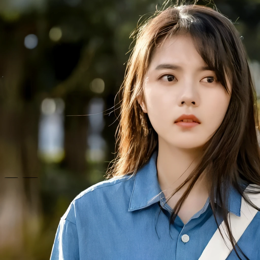 Close-up of a woman wearing a blue shirt and a white bag, cute korean actress, She has a cute and expressive face, Huang Shishi, Kim Do-young, sakimicchan, Pretty girl, Takemura-kun, Inspired by Ma Yuanyu, female actress from korea, Xision Wu, li zixin, Inspired by Kim Chung Hee