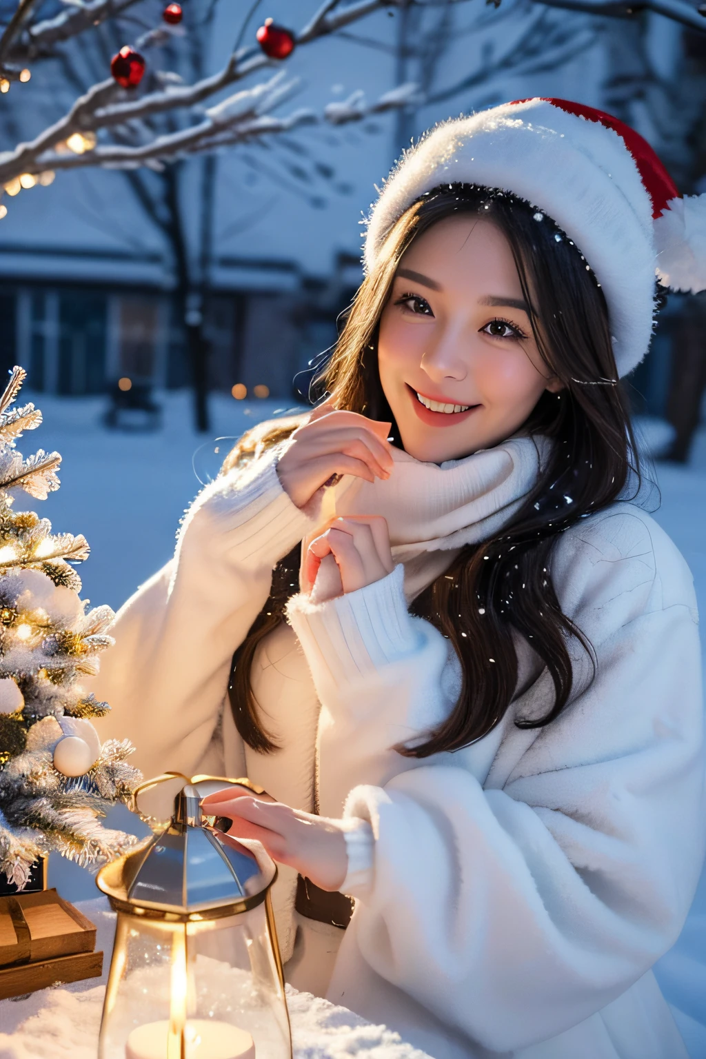 (best quality,4k,8k,highres,masterpiece:1.2),ultra-detailed,(realistic,photorealistic,photo-realistic:1.37),brunette girl,long hair,christmas,beautiful detailed eyes,beautiful detailed lips,extremely detailed eyes and face,long eyelashes,colorful decorations,magic atmosphere,winter wonderland,snow-covered landscape,gingerbread house,festive outfit,vibrant lights,sparkling ornaments,strands of twinkling lights,cozy fireplace,flickering candles,delicate snowflakes,intricate snow patterns,soft falling snow,joyful expression,childlike wonder,magical snowy forest,snowy paths and trees,smiling snowman,sleigh ride in the moonlight,hearty laughter,hot chocolate with marshmallows,warm winter coat,enchanted ice castle,shimmering tinsel,presents under the Christmas tree,celebratory mood,happy memories,creating snow angels,starry night sky,snowy rooftop,serene and peaceful ambiance,excitement and anticipation,celebrating with loved ones,enchanting winter scenery,whimsical ornaments,magical reindeer,santa's workshop,holiday cheer,endless joy and happiness,winter magic,pure white snow