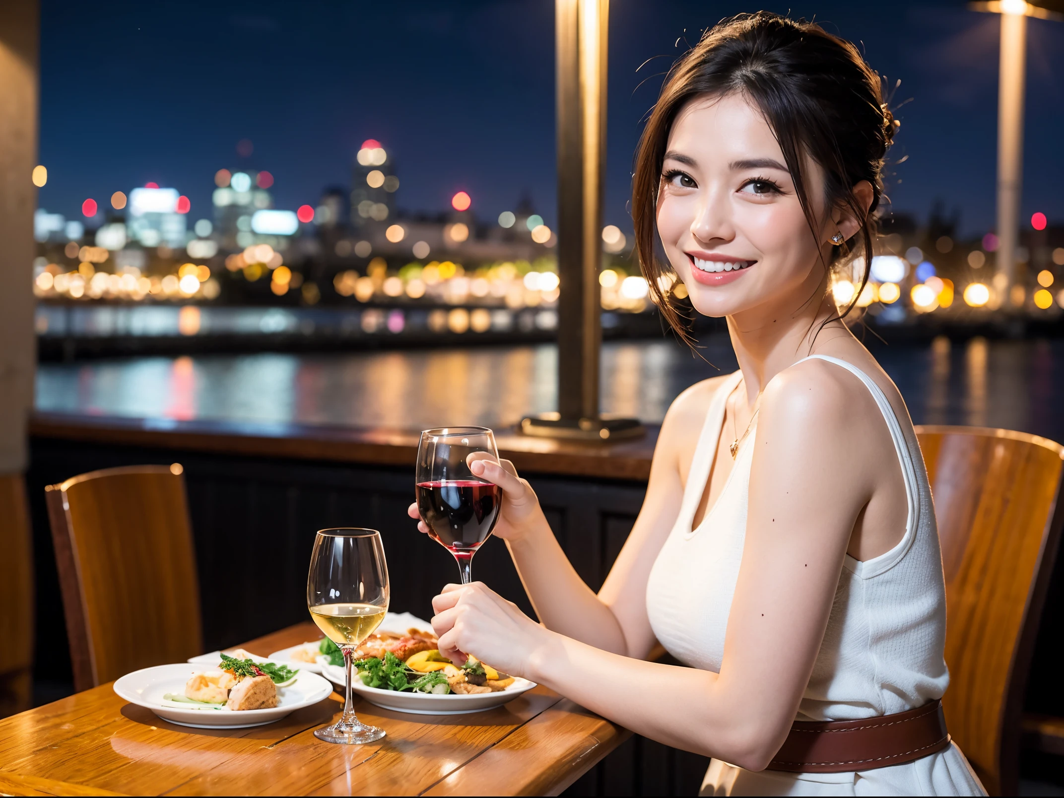 (64k uhd, nffsw, of the highest quality, masutepiece: 1.2), (Realistic, Photorealistic: 1.37), Pretty Woman 1, (Slim Face), (Slim body), (Brown hair), (short-cut), cheeks blush a little, (40 years old), 38 years, Solo, A beautiful and detailed night view spreads out outside the window.........., restaurant, Sitting in a wine glass, At night, In a prominent place (from waist up) NovaFrogStyle, actress, Model, waist-up, white wine, slim, wine glasses, Super clean night view, Wine glass placed in the middle, Happy smile, (Smile: 1.15), Beautiful fine eyes, Upper body, Bust Japan Up, Night, Short, Short, actress, Model, waist-up, white wine, slim, wine glasses, Super clean night view, Wine glass placed in the middle, Happy smile,