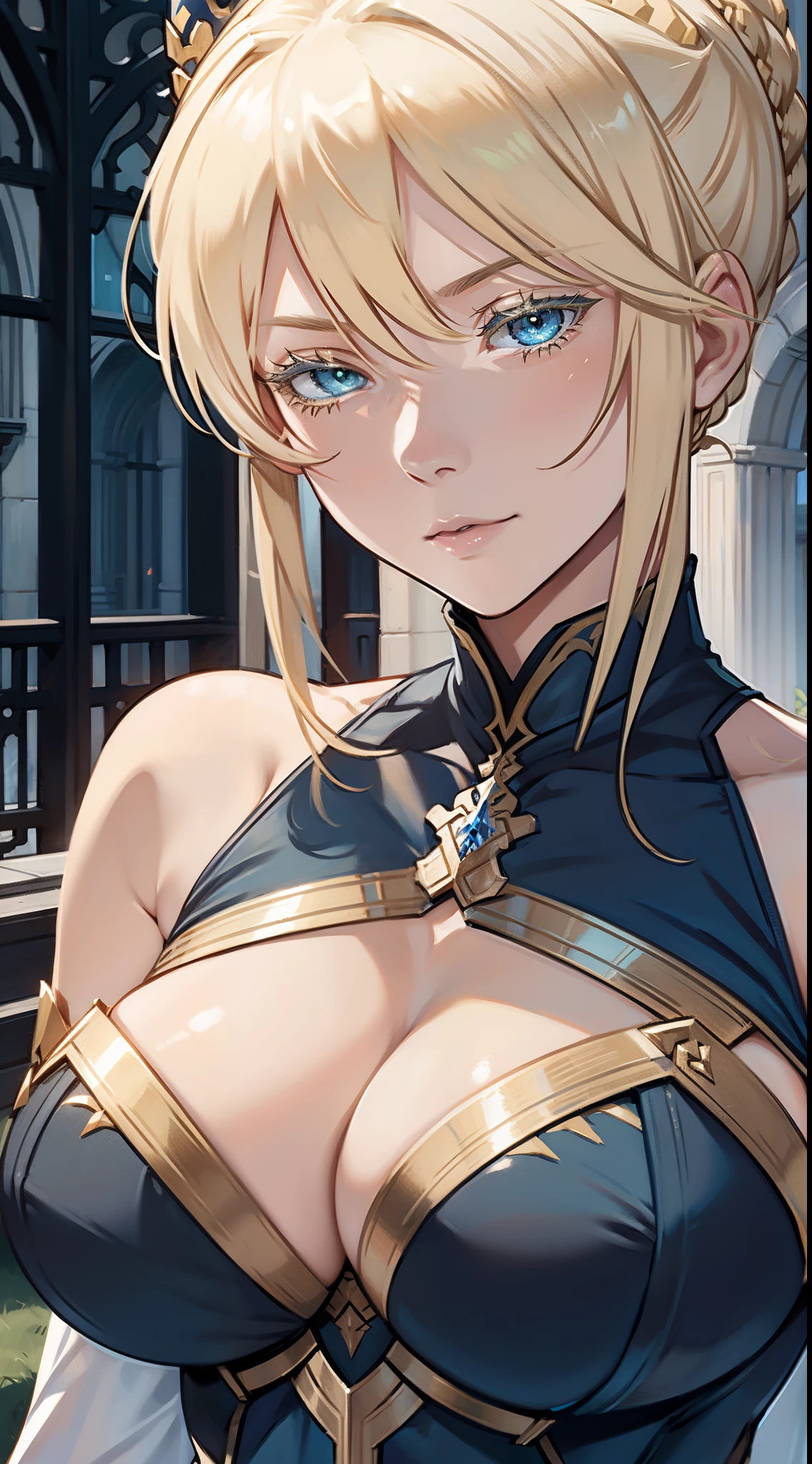 (Artoria Pendragon (Lancer) (fate)), adult female, elegant, braided bun, blonde, green eyes, (blonde eyelashes), huge breasts, bare shoulders, blue leotard, cleavage cutout, close-up face, high resolution, extremely detail 8k cg.