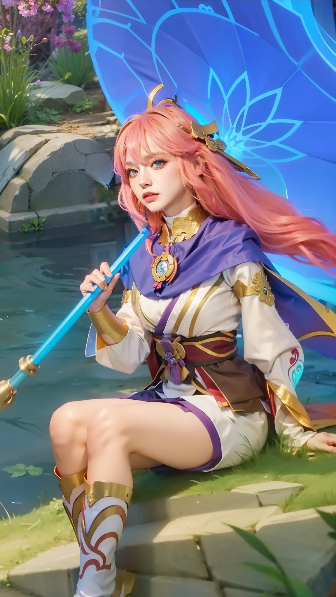 （tmasterpiece，Need，1girl，solo，The details are complex，color difference），photorealestic，（（Medium breath）），cropped shoulders，huge tit，Raised sexy，yae miko，Pink Long Hair，red headgear，Red highlight，Hair above one eye，Green eyes，耳Nipple Ring，sharp look，Perfectly symmetrical figure，choker，Neon shirt，Open jacket，high-necksweater，against a wall，brick walls，scribbles，dim murky lights，alley，looking at viewert，（（Mean streak，Cleavage is seductive，big breasts enchanting）），（（（sakurabackground))),(((Japanese temple background))), (((Glow-in-the-dark background)))high high quality，tmasterpiece，tmasterpiece，Delicate facial features，Delicate hair，Delicate eyes，Delicate colored hair，4k画质，Brilliant light and shadow，dingdall effect，Halo，Messy hair，Young state，Gorgeous scene，Beautifully dressed，锁链，feater， Need，The illustrations are super detailed，Beautiful eyes，Very fine light，Very fine glow，Extremely fine 8KCG wallpaper，Lilac eyes，Pink pupils，A girl with the utmost delicatenestremely detailed CG group，8k wallpaper，best qualtiy，blue umbrella