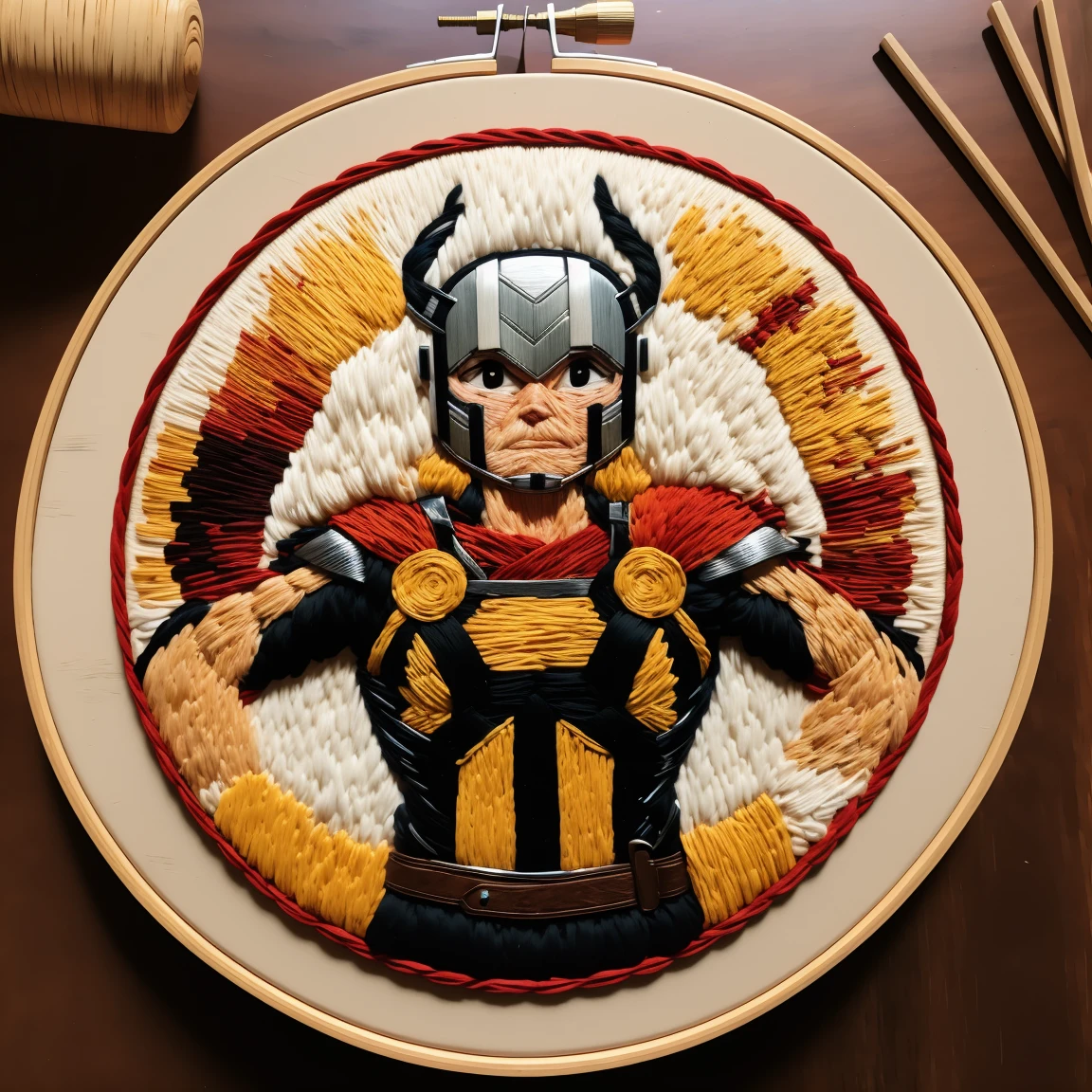 masterpiece,top quality, cuocuoxiu,punch needle embroidery,thor,science and technology, background,