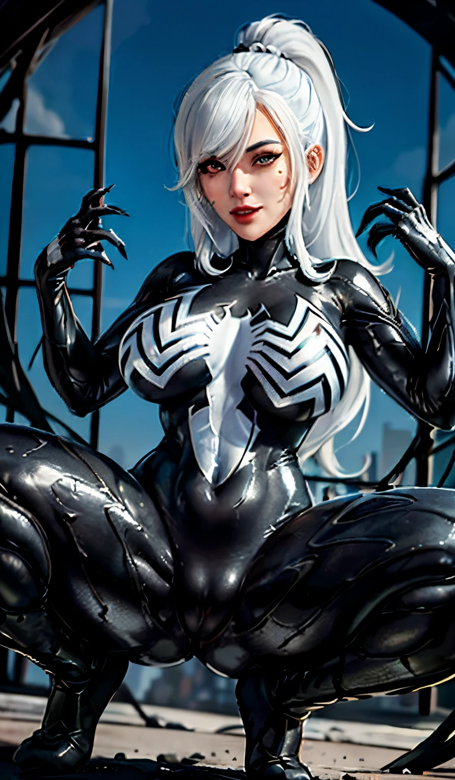 4K，realisticlying，Glamorous，The  very detailed，There  a girl in Dingcheng，White hair，Wearing a black Spider-Man costume，（Black and white：1.4） the night,symbiote，venomize，a large amount of mucus,she  a spiderman，Black superhero theme，In front of the sky，Flushed complexion，( Open legs， camel-toe，， Vulvar shape：1.3）,(GGCameltoe:1.3)Legs apart，25 age old，full bodyesbian