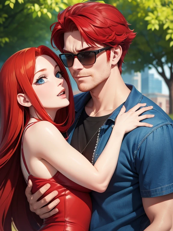 man with red hair, blue eyes, wear sunglasses, shaved beard, and a black suit. Hug and kiss a woman with long red hair, blue eyes, wear sunglasses, red lipstick, wear a strapless bikini, Wearing a night background with stars floating in the sky. Make your face perfect. Details are clear.. Up to 8K resolution, masterpiece, high art, laugh.