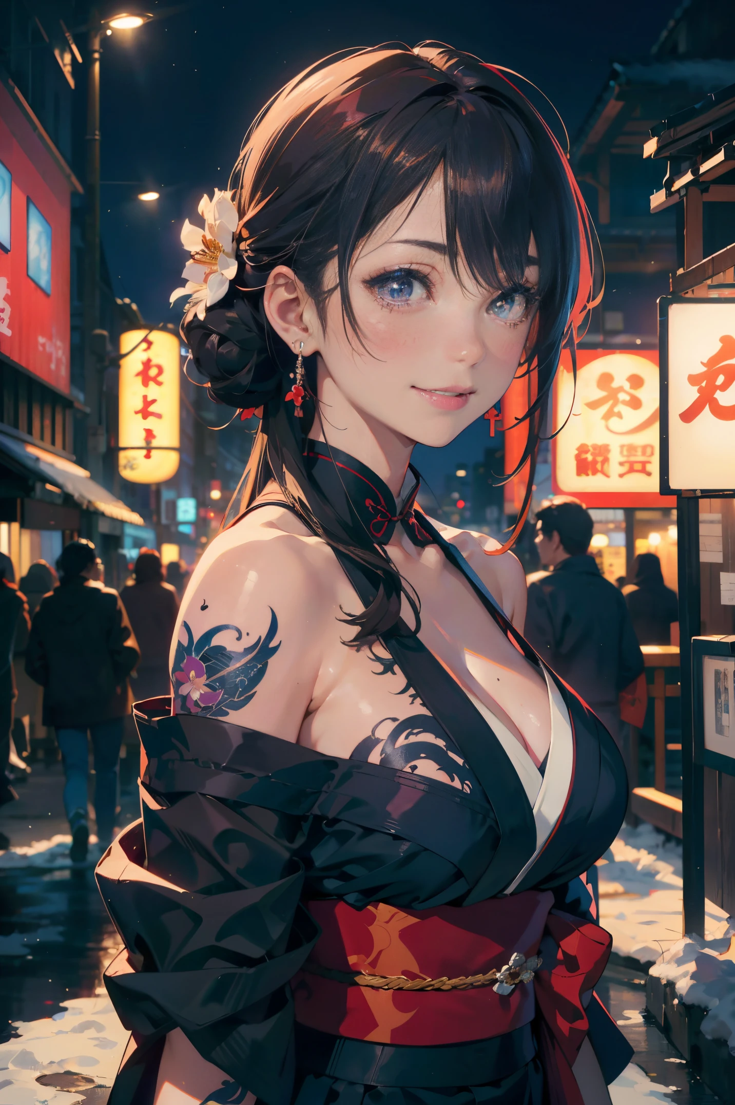 a 20 yo woman、Blackberry Hair、long twintail、Big smile、cleavage of the breast、Thighs at a glance、fishnet tights、Long cheongsam with long purple ankles on open chest、(hi-top fade:1.3)、dark themed、Muted Tones、Subdued Color、highly contrast、(natural skin textures、Hyper-Realism、Soft light、sharp) (masutepiece, of the highest quality, Best Quality, Official art, Beautiful and aesthetic: 1.2), (1girl in: 1.3), Very detailed, (Fractal Art: 1.1), (Color: 1.1) (Flowers: 1.3), (By Yuko Higuchi:1.4), Yuko Higuchi,(posted by Yow:1.2),(linear art),Line drawing,Pen drawing,Zentangle,(Tattoo patterns:1.2),(complex lines),(masutepiece),(Best Quality:1.1), (Ultra-detailed),Best Illustration,finely detail,hand-drawn high quality,High contrast,(Clean lines:1.3),ligne claire,(Portrait),(very closeup:1.1),1 girl,Solo,The girl is wrapped in snow,(Intricate details:1.3),(Detailed background:1.2),(coloured background:1.1),sketch,Intricate details,High resolution,a moon,top-quality、8K、hight resolution、masterpiece、(portlate:0.6)、A dark-haired、Middle hair、(grinning evily:1.3)、(Look at viewers:1.3)、(bokeh dof)、18year old、8K, masutepiece, (Photorealistic:1.5), Artistic portrait from behind ((Yakuza Girls) Wearing kimono), back tattoo, Revealing the tattoo on the back, (Dragon tattoo), Bare shoulders, huge-breasted, Beautiful skin, Slim Fit Body, Cute face, nice appearance, look at viewr, Red hair in a bun with bangs, Foggy, Daylight, skyscapers, Clouds, Cozy and cool atmosphere, Dynamic lighting, natural, artistic,18-year-old girl Wahori skin, Yakuza, Japan Mafia, Background of Tokyo Red Light District, Realistic, Photoreal, masutepiece, Best Quality, Movie photo of a Japan cartel gang with tattoos, epic lighting, Yakuza tattoos on Japan, japanese art on behance, Japan culture, Sexy, Exotic, Erotic,Tattoo of butterflies and flowers on the upper body,Tattoo of a huge number of flowers on the arm、