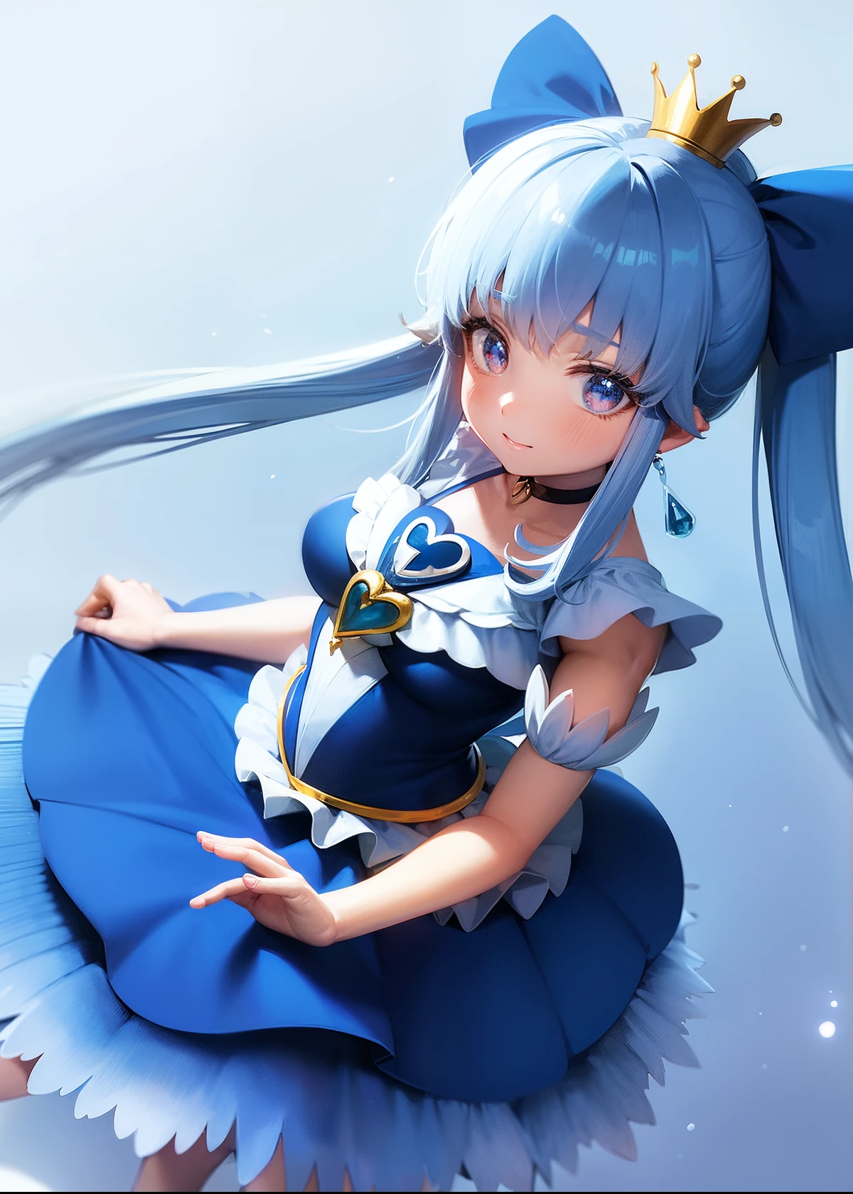 Close up of cartoon character with blue dress and crown, sparkling magical girl, portrait of the magical girl, magical girl anime mahou shojo, an anime girl, Blue tight skirt, style of magical girl, magical girl, Official art, celestial aura, sea aura, ice aura, blue aura, very long twintail hair, very long two side up, Blue haired girl, official artwork, an anime portrait of cirno, huge tit, girl with very big breasts, fanart, Dress Up Darling Anime