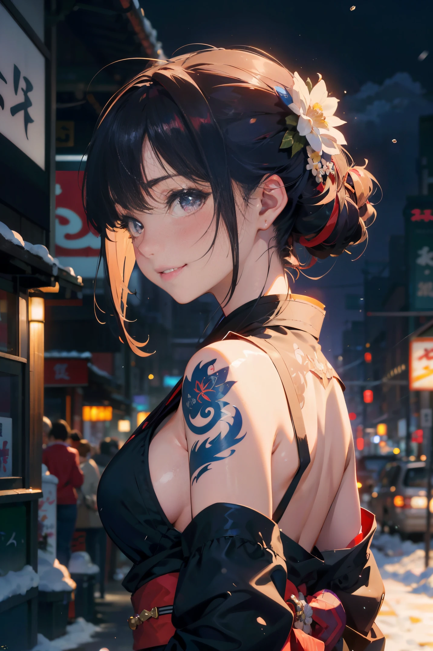 a 20 yo woman、Blackberry Hair、long twintail、Big smile、cleavage of the breast、Thighs at a glance、fishnet tights、Long cheongsam with long purple ankles on open chest、(hi-top fade:1.3)、dark themed、Muted Tones、Subdued Color、highly contrast、(natural skin textures、Hyper-Realism、Soft light、sharp) (masutepiece, of the highest quality, Best Quality, Official art, Beautiful and aesthetic: 1.2), (1girl in: 1.3), Very detailed, (Fractal Art: 1.1), (Color: 1.1) (Flowers: 1.3), (By Yuko Higuchi:1.4), Yuko Higuchi,(posted by Yow:1.2),(linear art),Line drawing,Pen drawing,Zentangle,(Tattoo patterns:1.2),(complex lines),(masutepiece),(Best Quality:1.1), (Ultra-detailed),Best Illustration,finely detail,hand-drawn high quality,High contrast,(Clean lines:1.3),ligne claire,(Portrait),(very closeup:1.1),1 girl,Solo,The girl is wrapped in snow,(Intricate details:1.3),(Detailed background:1.2),(coloured background:1.1),sketch,Intricate details,High resolution,a moon,top-quality、8K、hight resolution、masterpiece、(portlate:0.6)、A dark-haired、Middle hair、(grinning evily:1.3)、(Look at viewers:1.3)、(bokeh dof)、18year old、8K, masutepiece, (Photorealistic:1.5), Artistic portrait from behind ((Yakuza Girls) Wearing kimono), back tattoo, Revealing the tattoo on the back, (Dragon tattoo), Bare shoulders, huge-breasted, Beautiful skin, Slim Fit Body, Cute face, nice appearance, look at viewr, Red hair in a bun with bangs, Foggy, Daylight, skyscapers, Clouds, Cozy and cool atmosphere, Dynamic lighting, natural, artistic,18-year-old girl Wahori skin, Yakuza, Japan Mafia, Background of Tokyo Red Light District, Realistic, Photoreal, masutepiece, Best Quality, Movie photo of a Japan cartel gang with tattoos, epic lighting, Yakuza tattoos on Japan, japanese art on behance, Japan culture, Sexy, Exotic, Erotic,Tattoo of butterflies and flowers on the upper body,Tattoo of a huge number of flowers on the arm、
