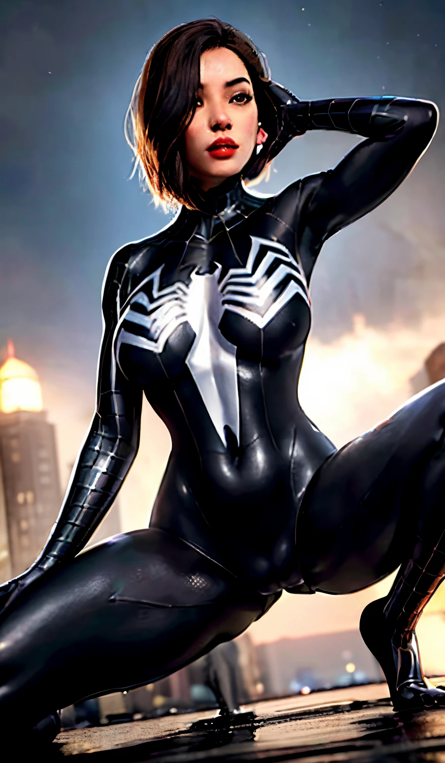 4K，realisticlying，Glamorous，The  very detailed，There  a girl in Dingcheng，Wearing a black Spider-Man costume，（Black and white：1.4） the night,symbiote，venomize，a large amount of mucus,she  a spiderman，Black superhero theme，In front of the sky，Flushed complexion，( Open legs， camel-toe，Vulvar shape：1.3）(GGCameltoe:1.3)Legs apart，25 age old，full bodyesbian