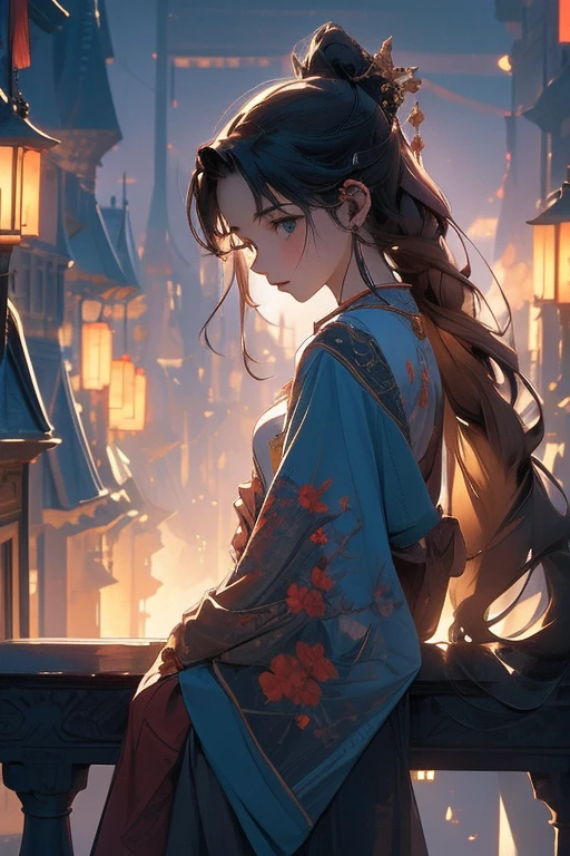 A girl sitting on the balcony , feeling and seeing the out view , holding book, focusing the city at night ,in the style of 2d game art ,chinstill 50, with headphones in the ear , linsting the song , night time, coloufull animation skills, with a dog sitting beside next to the girl
