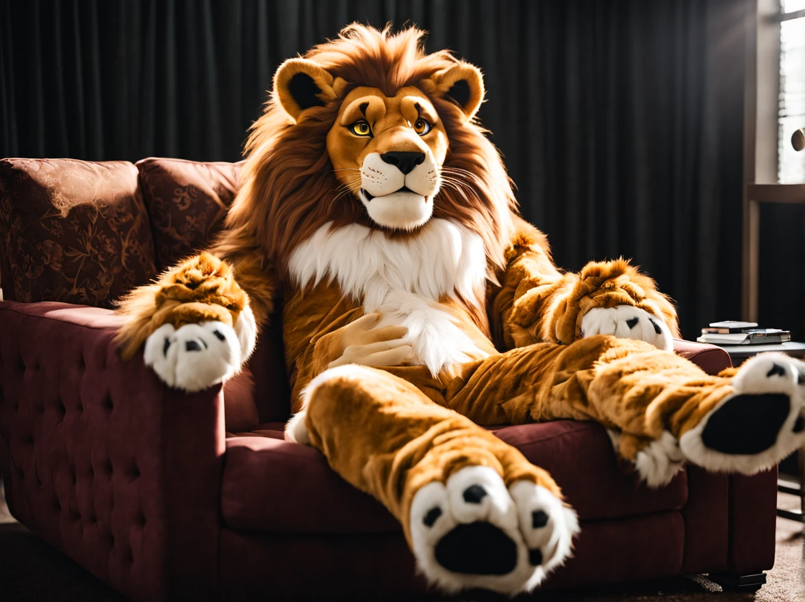 cinematic photo of an anthropomorphic lion fursuit lounging on a couch, with big paws and 4 toes