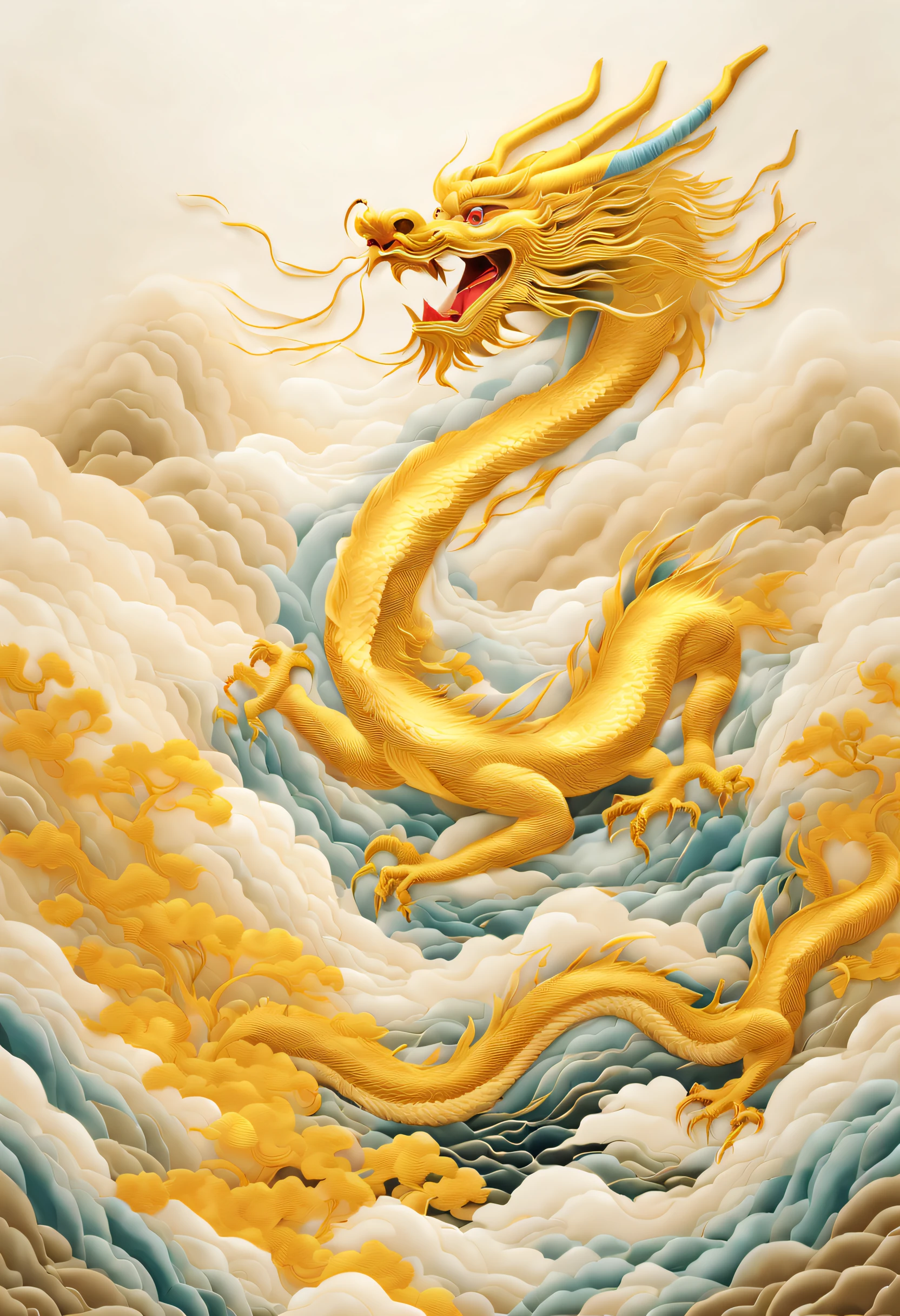 embroidery，Three-dimensional embroidery，（Photos of Tiansu embroidered gold silk flying dragon），Embroidered with auspicious clouds and waves all around, Ink gradient dyeing，golden effect，Depth of field composition，minimalist white space，chenjialing，dazzling light and shadow，Oriental charm，SLR camera，The sheen，Reflective，cellshading，llight rays，8K，Colors blend more naturally，Ye Ruikun，Rock painting：Similar color combinations，Pan Tianshou&#39;s colorful gemstones、Ink texture matte、Zao Wou-ki，Wu Guanzhong