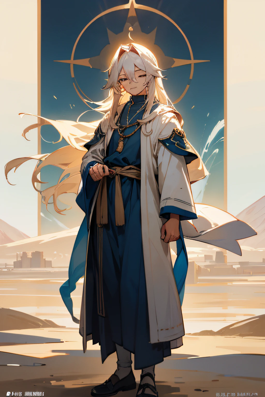 Please generate a full body image of a male character in an anime style..。The name is「Ajani」で、Age is30it's a teenager。The height is170cmthat'That's about it。i'Priest of Desert Port Town.。My skin is tanned too、Her hairstyle is long, dull-colored hair.。Usually, Close your eyes and smile sweetly.、The eyes are a deep blue that reminds you of the water in an oasis..、I feel like I can see deep into my heart.。Reminiscent of desert folk costumes、Wearing a monk's robe with good ventilation'S uniform。Basically a good priest、I am fully aware that it is a desert port town., You can't survive on honesty alone.、he has a really nice personality。