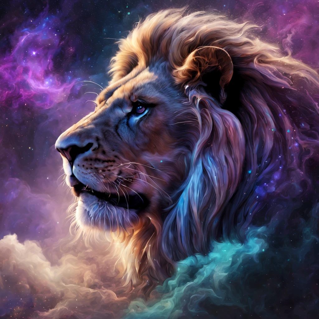 Epic lion growls, crown, cosmic landscape, stars, realistic, horror, beautiful, purple, black, beige, cyan, gold, gems, fibers, smoke, swirls, front view, octane