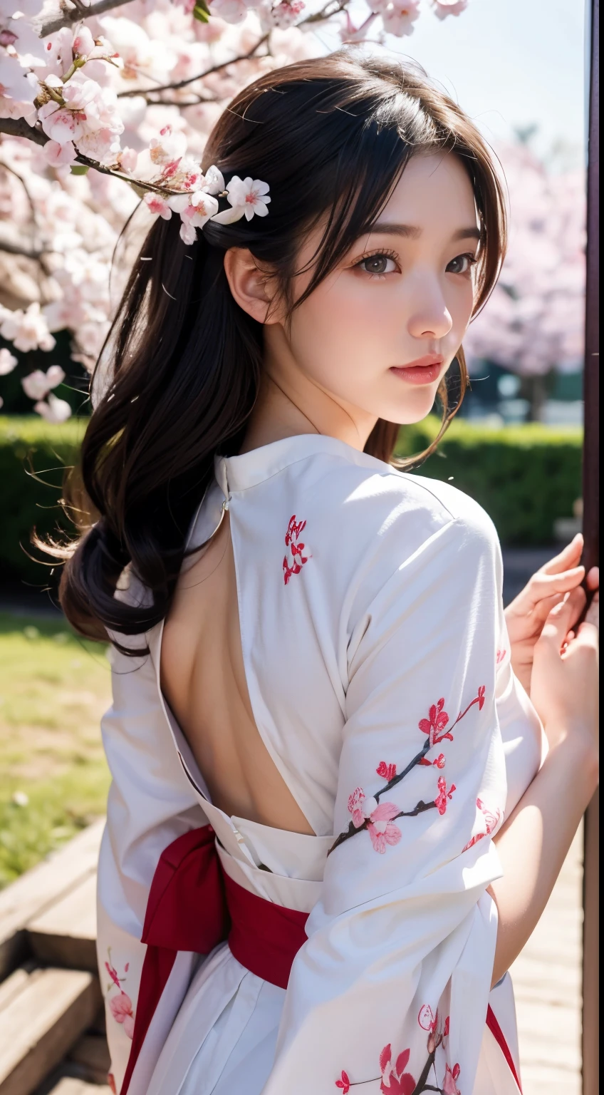 NSFW, best quality: 1.4, high resolution, perfect lighting, (1 girl), 20 years old, big butt sticking out, white upper body, lower body red hakama shrine maiden costume, shrine