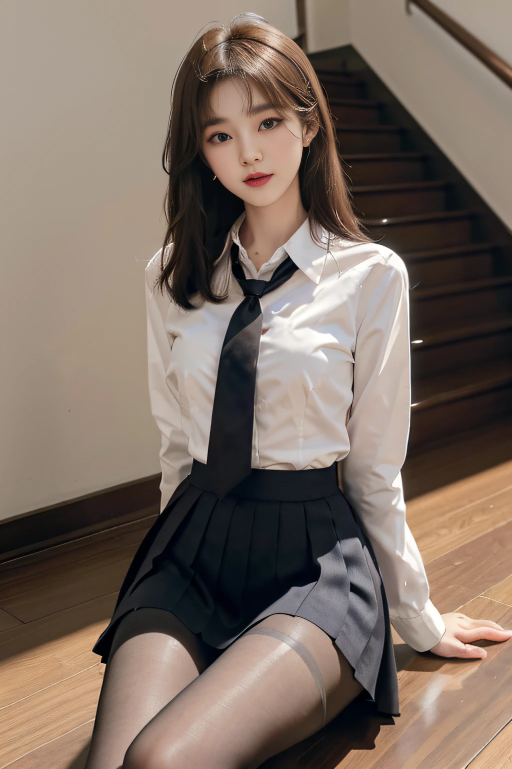 Korean School Uniform、Summer Uniform Shirts、Tight-fitting shirt、Ribbon Ties、skirt by the、Schools、stairs at school、Chest lifting pose、The focus is on the chest、Thin and large、8k RAW photo、hight resolution、18-year-old Korean、looking embarrassed、very large round breasts、intricate and fine details、long eyelasher、beautiful double eyelid、eyeshadows、eye line、elongated eyes、elongated eye shape、Sanpaku eyes are beautiful and thin, legit thin thighs、Random Shorthair、Tie your hair back、耳Nipple Ring、light brown hair、(Wear pantyhose)、Grab your knees，wears glasses