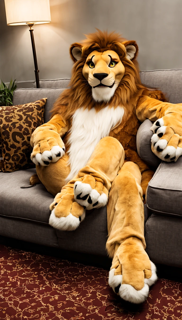 cinematic photo of an anthropomorphic lion fursuit lounging on a couch, with big paws and 4 toes, large penis and balls, erection,