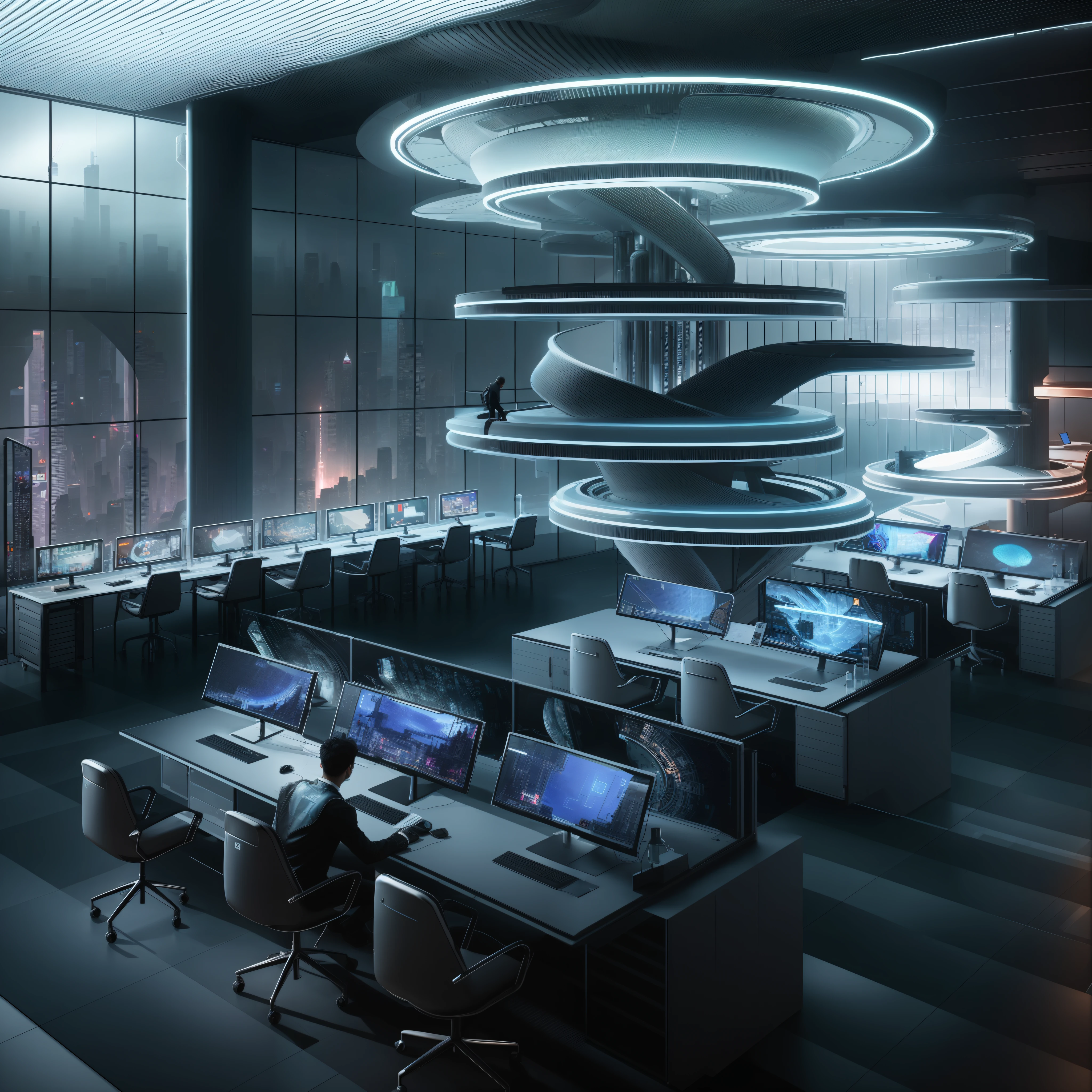 In a large room，There was a man sitting at a table。, futuristic room, futuristic laboratory, futuristic scientific laboratory, Future cyberpunk scene, futuristic setting, cyber punk setting, futuristic room, futuristic decor, futuristic production facility, futuristic chemistry lab, 2 0 4 0 Game Room, futuristic interior, in 2 0 5 5, futuristic concept art, surreal sci fi set design，super detailing，Blue tones，Complicated details，4K，Ultra HD realistic photo effectroad perspectives，a sense of atmosphere