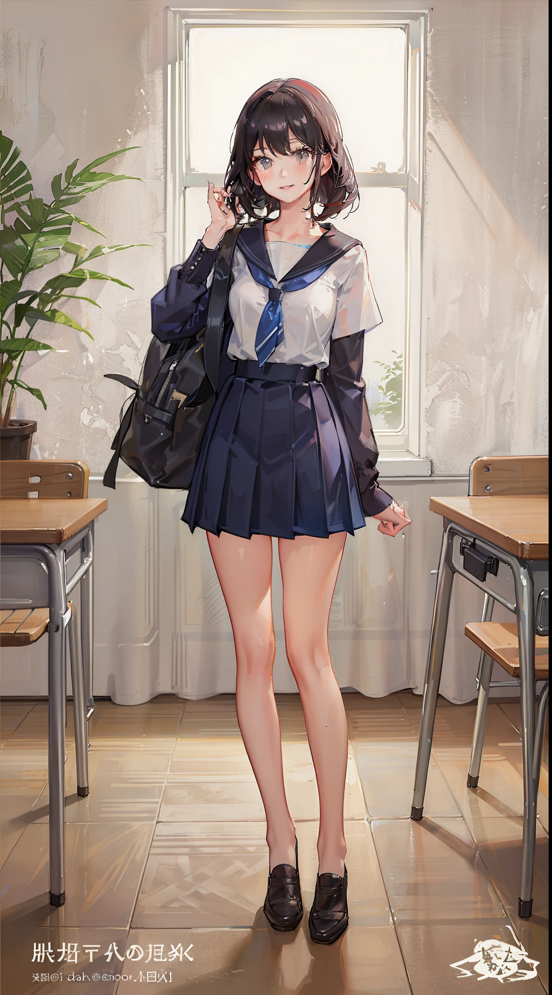 1 girl, split lips, blush, makeup, Light smile, School uniform, classroom, school backpack, rays of light, shine, Thighs, collarbone, narrow waist, (master piece), wallpaper,