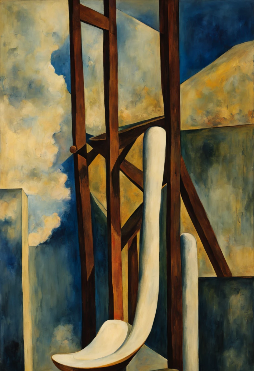 surrealism, monstrous, figures, looking through, holes, (abstract oil painting:0.3), ((ethereal)) (in the style of Salvador Dal, Hieronymus Bosch), ladder, on way (indigo),