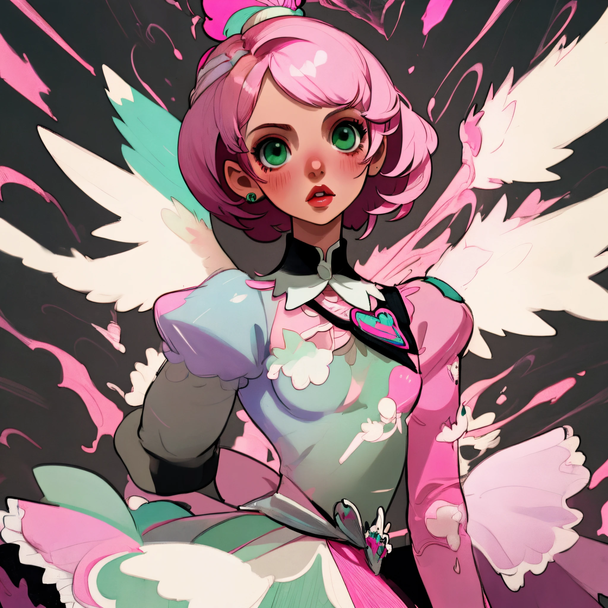 Alisa bosconovitch, melhor qualidade, contemporary, estilo plano, minimalismo, Green Eyes Flat Illustration, cabelo rosa, cabelo curto, cabelos multicoloridos, Camisa Preta, mechanical wings, Head Portrait Close-U, peito pontudo, decote, super decote, middlebreasts, Tekken，cabelo rosa pastel, 1girl, em quimono, hand-painted，Desenho de linha sem cor, colorida do yandere pastel, Tekken, Super cute pink hair girl with gothic makeup on the side, com roupa de empregada，figura esbelta，robusto，He sat on the floor，Vestido com roupas de empregada rosa e branco，cabelos muito curtos，com orelhas de gato，quadratic element，, kawaii cor-de-rosa na roupa da era de 1910, Alisa Bosconovich pink lips, no estilo da paleta de cores suave aurorapunk, an anime illustration of his face, gifs animados, hand drawn animation, charming sketches, suave e brilhante, romantismo nebuloso, Estilo Superflat, fundo branco - ar 1:1 - niji 5 - estilo expressivo --s 50 ,Pink kawaii girl in the era of 1920s clothesPink eagles, vestindo uma camisa branca brilhante, no estilo da paleta de cores suave aurorapunk, an anime illustration of his face, gifs animados, hand drawn animation, charming sketches, suave e brilhante, romantismo nebuloso, Estilo Superflat, fundo branco - ar 1:1 - niji 5 - estilo expressivo --s 50, Absurdo, Alto, ultra detalhados, (1girl:1.3), quebrar , Crie uma imagem com uma bela caligrafia