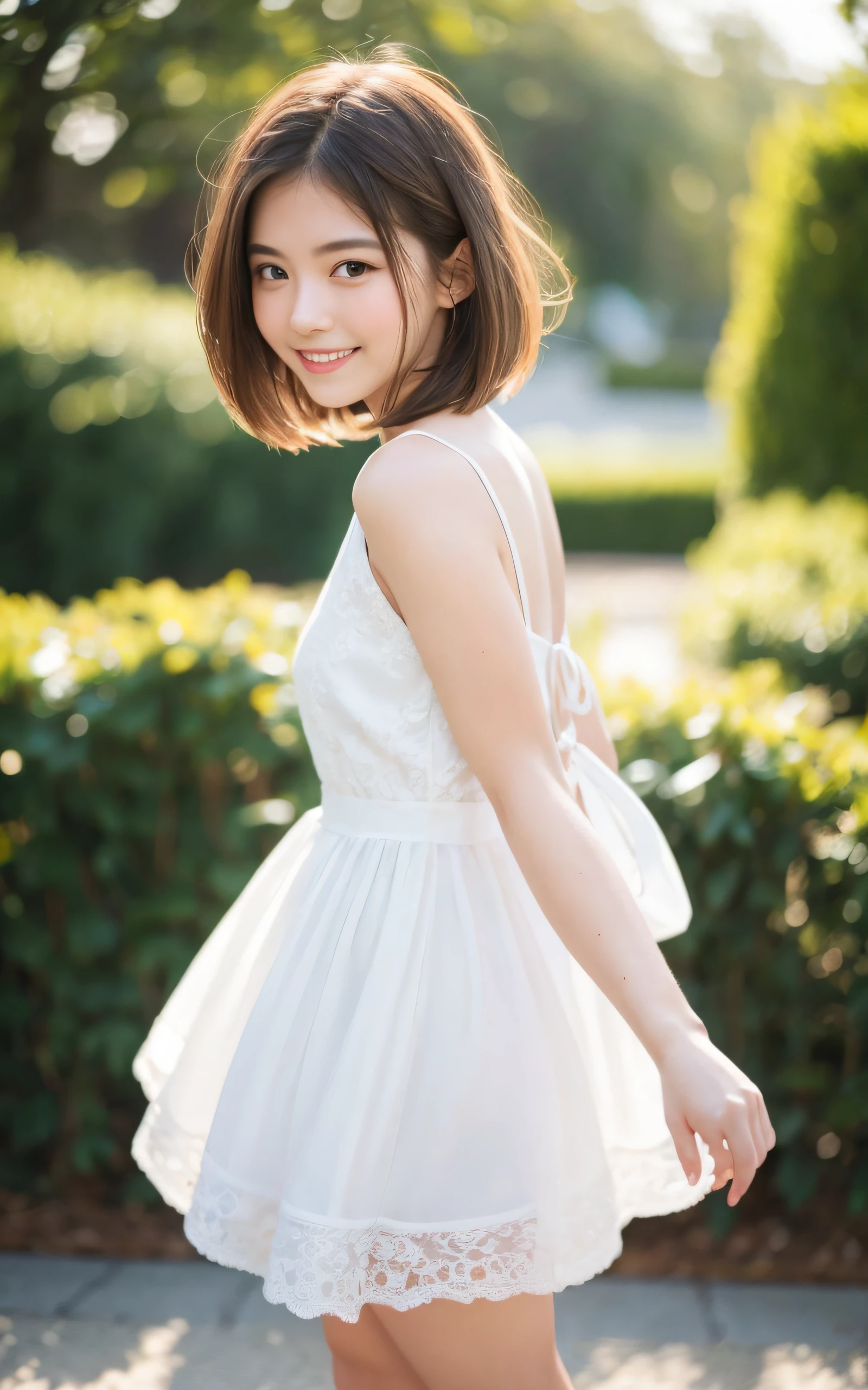 masutepiece, Best Quality, 8K, 1 girl, 20 yo, Closed mouth, Smile, Full body, (Full body:1.4), Solo, Cute, Girly, Delicate girl, Neat and clean beauty, Raw photo, Professional Photography, Portrait, Soft light, Professional Lighting, Back lighting, Look away, looking at away, Sophisticated, Film grain, (Eyes and faces with detailed:1.0), Short-length floating hair, Beautiful flowing hair,