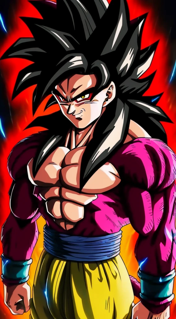 highres, High quality,(Beautiful), ((masterpiece)),vibrant colors, son goku, son goku gt,1boy,closed mouth, solo, super saiyan 4, dragon ball gt, yellow pants, black boots, blue ribbon, ((some red fur on arms and chest)), red saiyan tail, (very long hair), (red eyeliner),male focus, muscular, muscular male, pectorals, solo, spiked hair,((black hair)), (pupils),yellow eyes,standing,spiked hair, red aura, electricity, smile,upper body,red eyeliner,