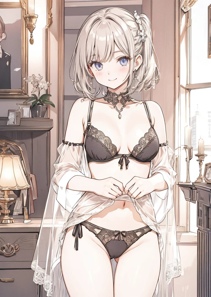 cinematic lighting, seductive smile, upturned cheeks, see through, high leg panties, string panties, side frilled panties, side ruffled panties,