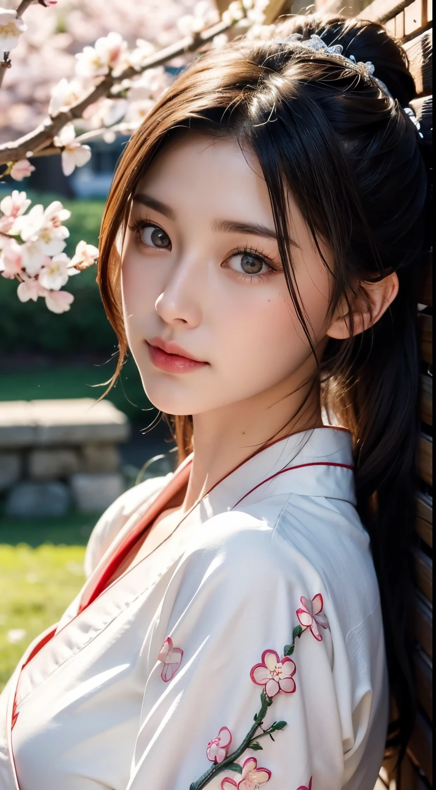 (A logo、masterpiece、8K、masutepiece、Raw photo、Fantastic、Best Quality、8K wallpaper that combines photorealism and high-definition CG、hightquality、ighly detailed、epic poem、Particle effect、Dynamic effects、depth of fields、Cinematic Light、Lens Flare、Ray tracing)、Fantasia、 (Beauty 1 person、White Japanese Clothing、Japanese dress、White cherry blossom pattern、White cherry blossom embroidery pattern、A dark-haired、Beautiful face、Real Face、beautiful details eyes beautiful skin)、Hair flutters in the wind、Hair jumps、Pink cherry blossom tree、Petals flutter、Sakura blizzard、Superb view、morning glow、Sun in the background、the wind