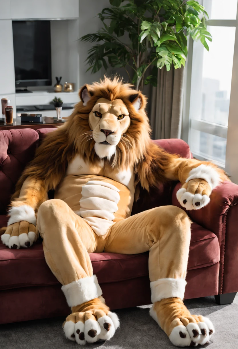 cinematic photo of an anthropomorphic lion fursuit lounging on a couch, with big paws and 4 toes, with a jockstrap and a visible large bulge