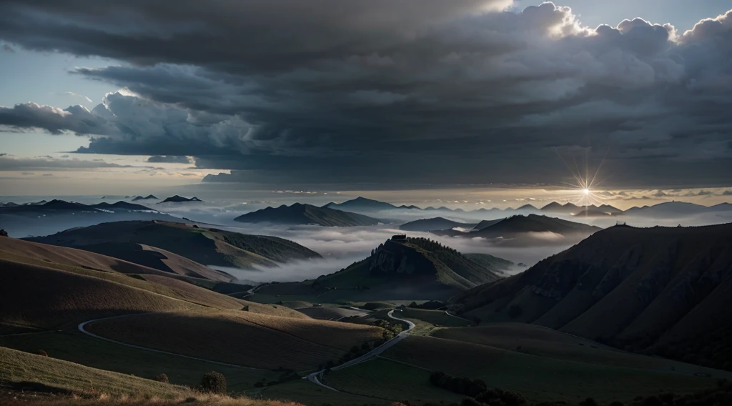 Paysage d'un grand champ avec un ciel sombre est un peu de brouillard