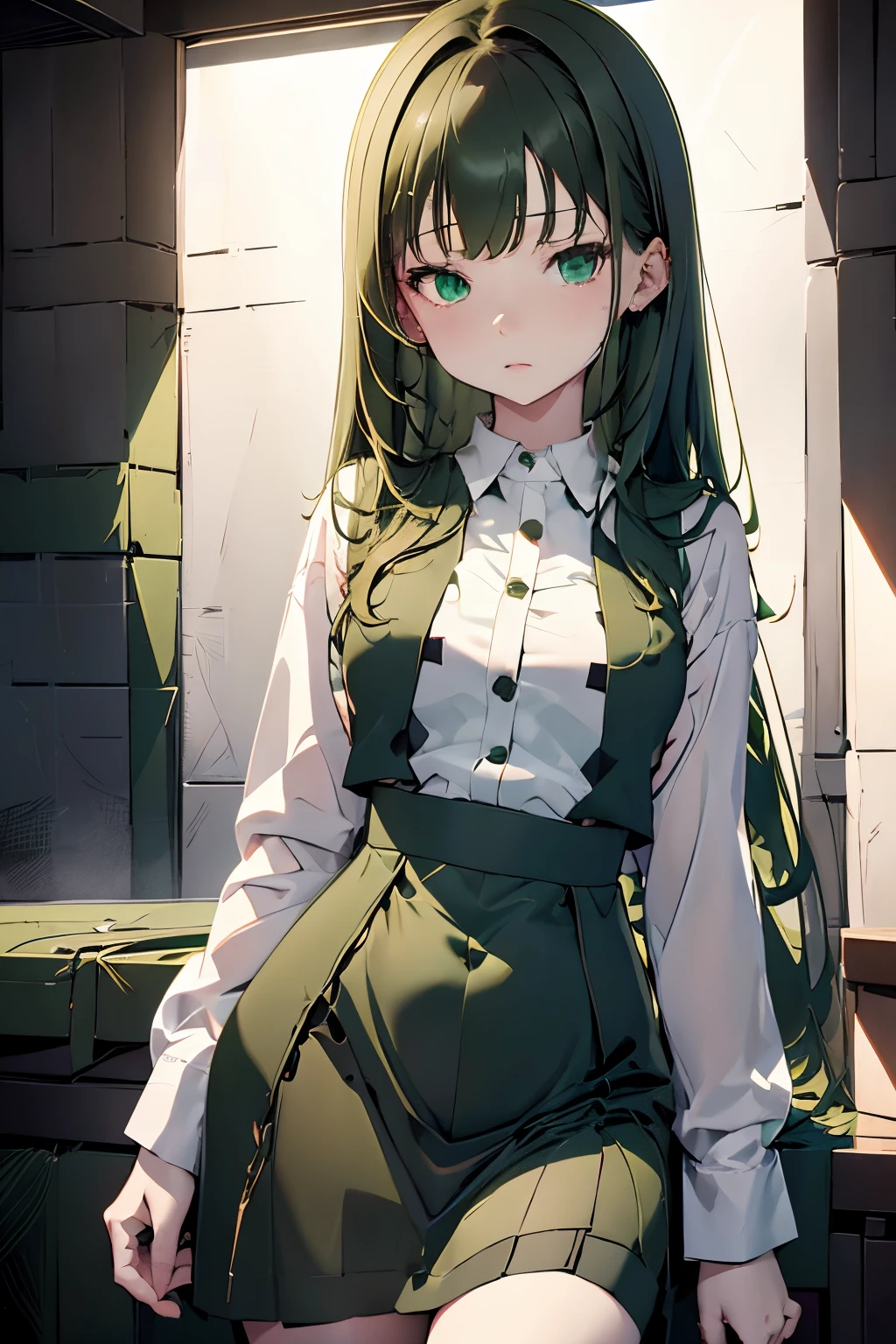 Best Quality, masutepiece, High resolution, (((1girl in))), ,((Dark Green Block Dress,White Shirt Inner:1.3)), Tindall Effect, Realistic, Shadow Studio, Rim lighting, dual-tone lighting, (High Detail Skins: 1.2) Digital SLR, Photo, High resolution, 4K, 8K, Background blur,Fade out beautifully