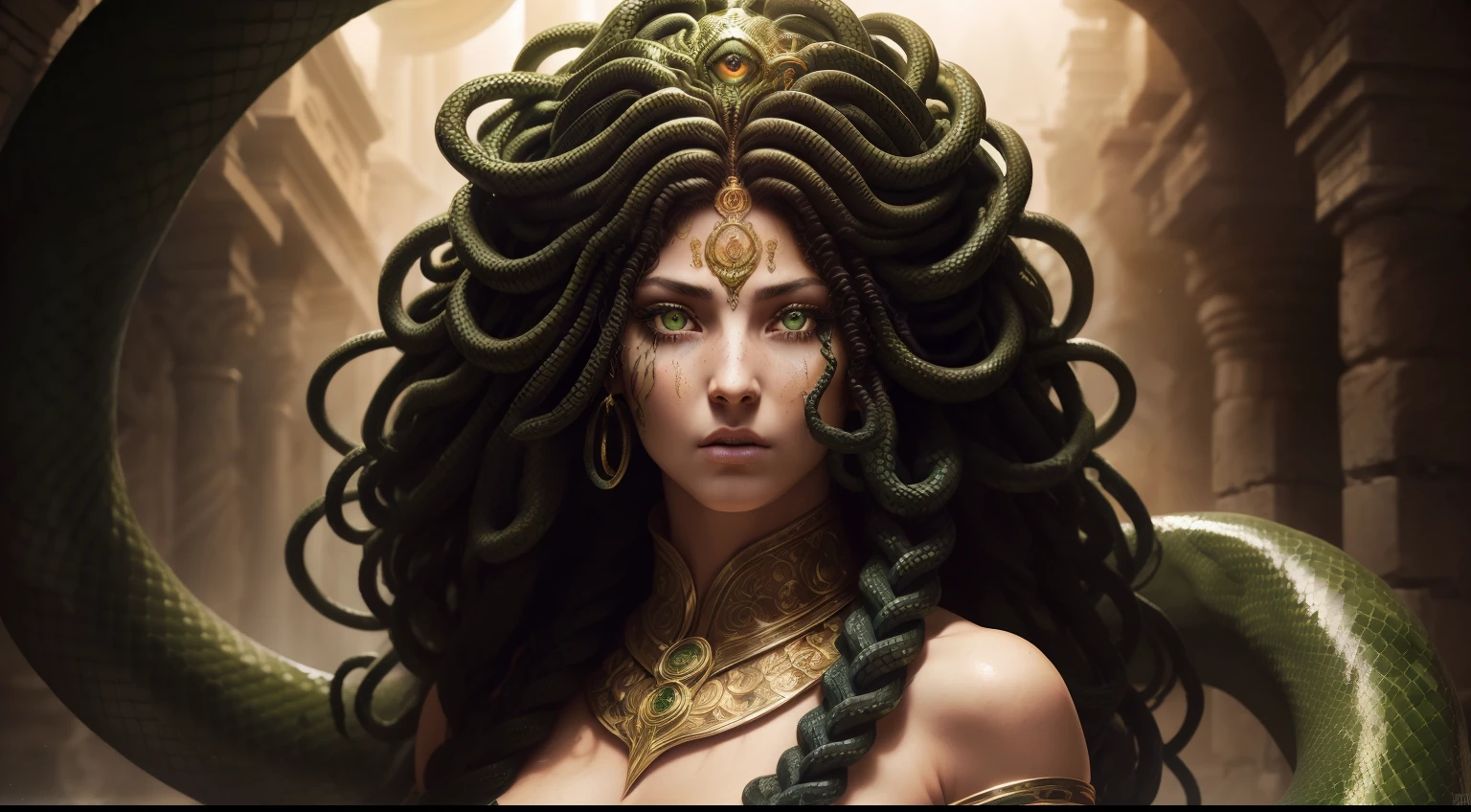 ((gorgon medusa)), Greek mythology ((Her hair is snakes, Short Greek tunic....)), (Green Snake, Eyes glow, Highly detailed face, high detailed eyes,16k, photo RAW, beste-Qualit, Master Part, high detail Color RAW Photo, dramatic  lighting, Cinematic lighting, full body view