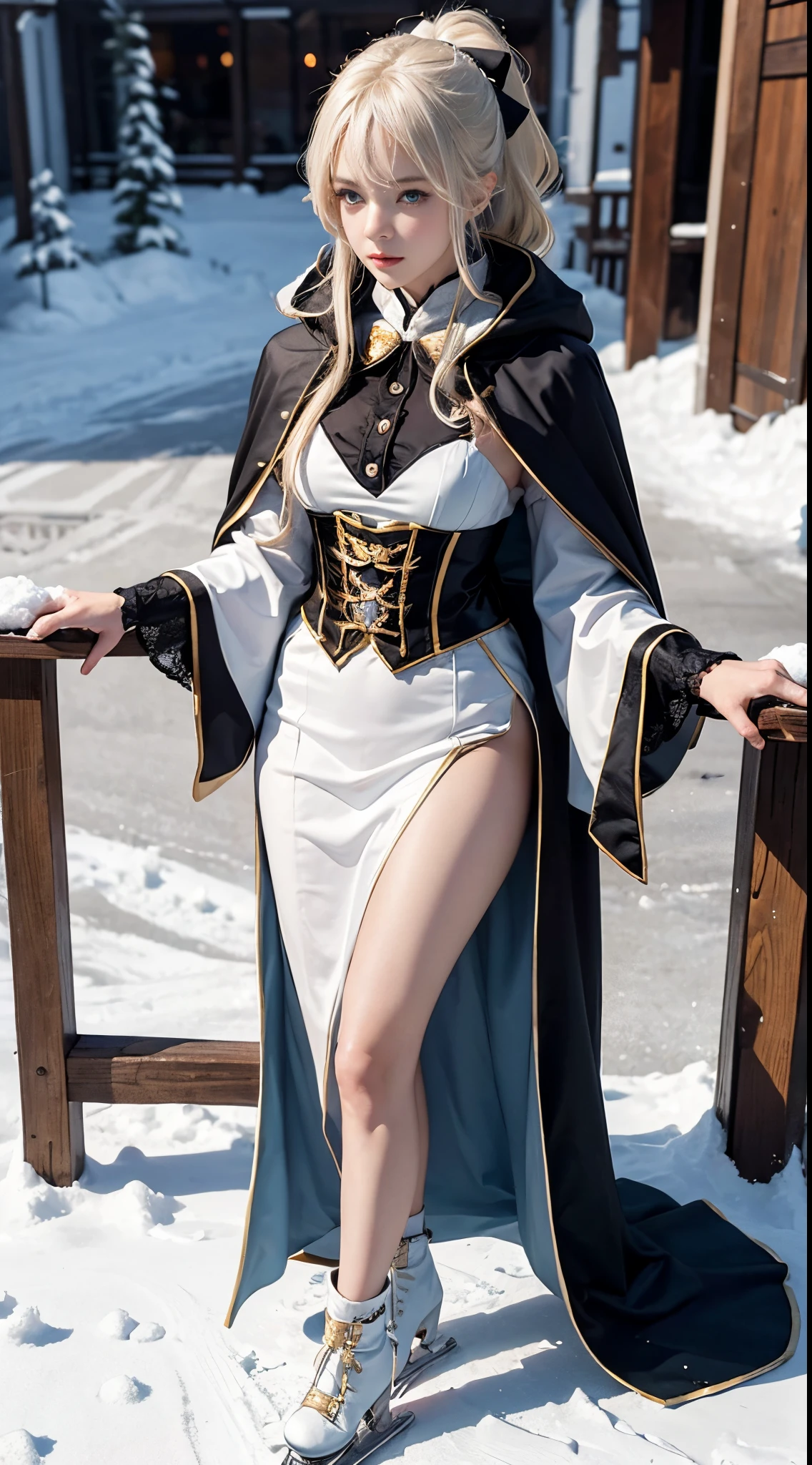 (8K)，realistically, A high resolution, 1 Women, own, (gorgeous one，Lolita costume)， pretty eyes, White hair, eye socket, (sitted，Cloak，blanketed in a mantle of snow)， skating at the ski resort，